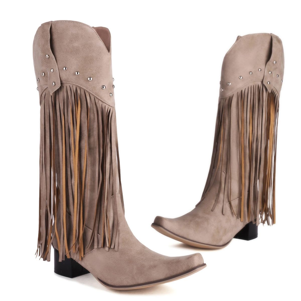 KISSASA Fringe Mid Calf Cowboy Boots for Women - Studded Western Cowgirl Boots with Snip Toe & Chunky Heel | Pull On Ankle Boots for Country Dancing, Rodeo & Fashion Outfits