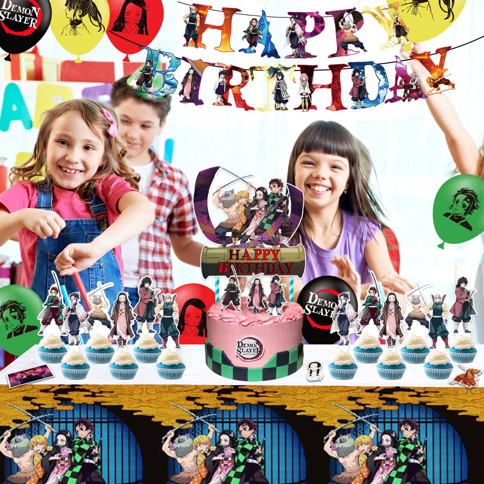 **Anime Birthday Party Decorations Kit - 99pcs Party Supplies Set with Stickers, Banner, Cupcake Toppers, Tablecloth & Balloons for Kids Anime Themed Party - Perfect for Birthday Celebrations, Themed Events & Decorations**