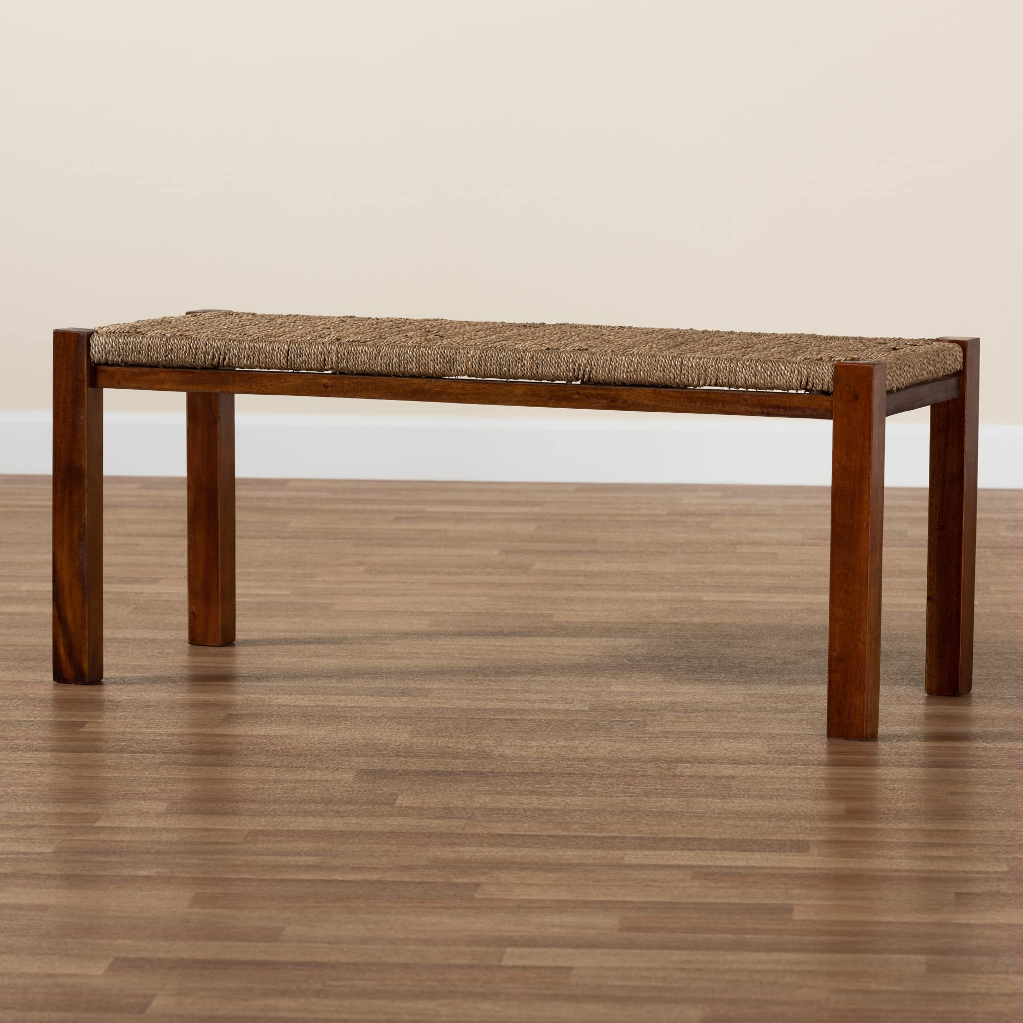 Bali & Pari Hermes Woven Seagrass Accent Bench - Natural Walnut Brown - Handwoven Rattan Stool for Living Room, Bedroom, or Patio Decor