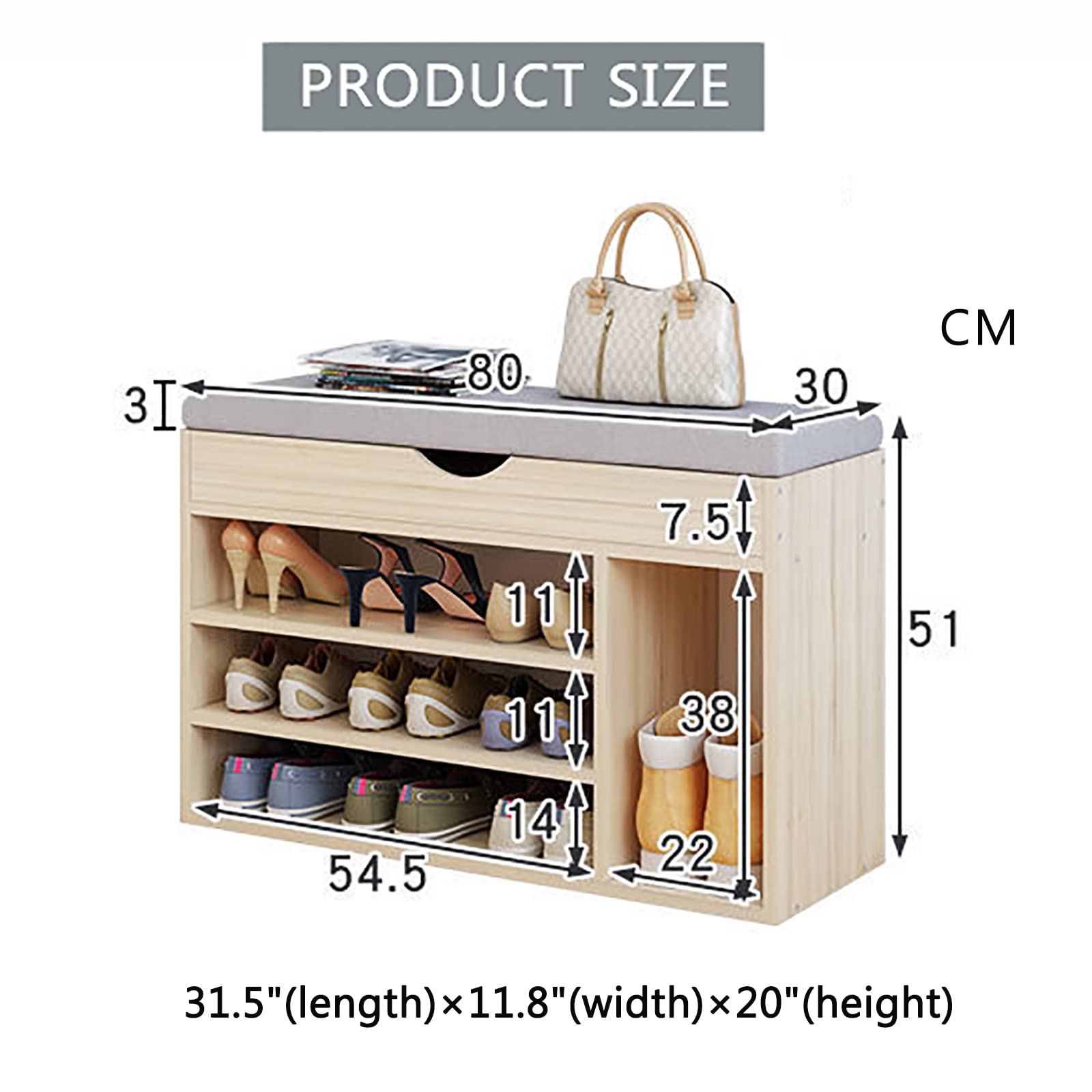 UQ Modern Shoe Storage Bench with Hidden Top Storage - Multifunctional Entryway Shoe Organizer & Shoe Rack Bench for Kids and Adults - Gray Seat Cushion 80x30x51cm (31x12x20inch) - Perfect for Hallway, Living Room & Bedroom Organization