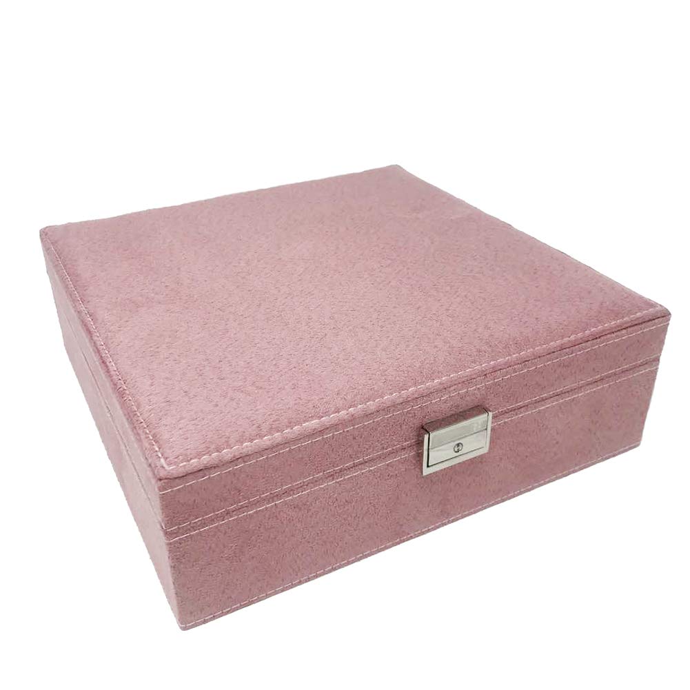 Magik Two-Layer Velvet Jewelry Box Organizer with Lock - Extra Large (10.23''x10.23''x3.15'') Pink - Perfect for Necklace, Ring & Earring Storage | Great for Travel, Gift & Home Decor