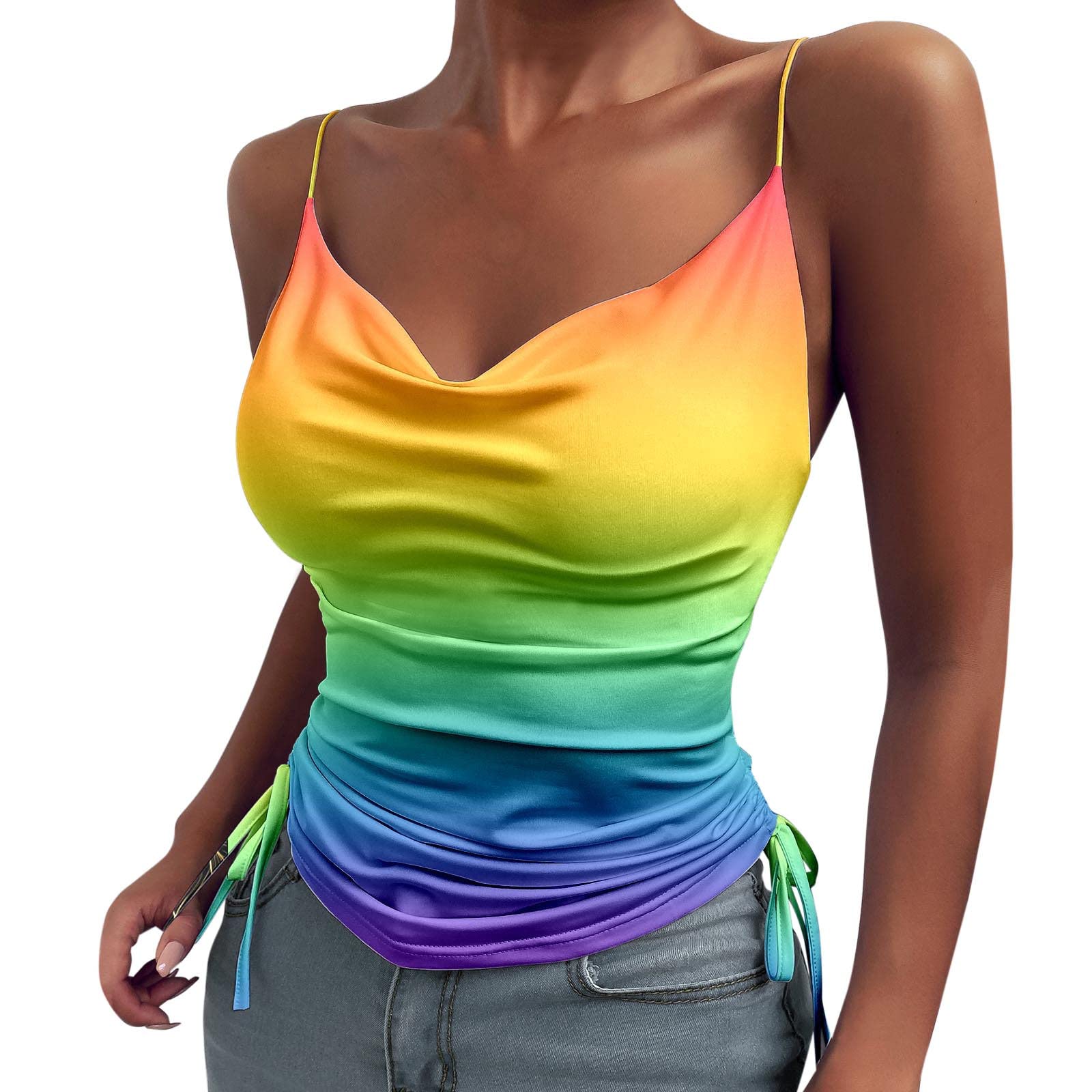 Women's White Cropped Tank Top - V Neck Pleated Cami with Drawstring & Printing - Casual Summer Tops for Women | Perfect for Beach, Gym, and Everyday Wear