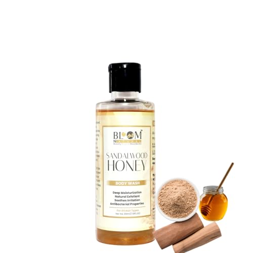 Bloom Natural Sandalwood & Honey Body Wash - Gentle Moisturizing Cleanser for Healthy & Soft Skin | Soothes Sunburns | Hypoallergenic for All Skin Types | Perfect for Shower, Spa & Post-Sun Care (7.4oz)