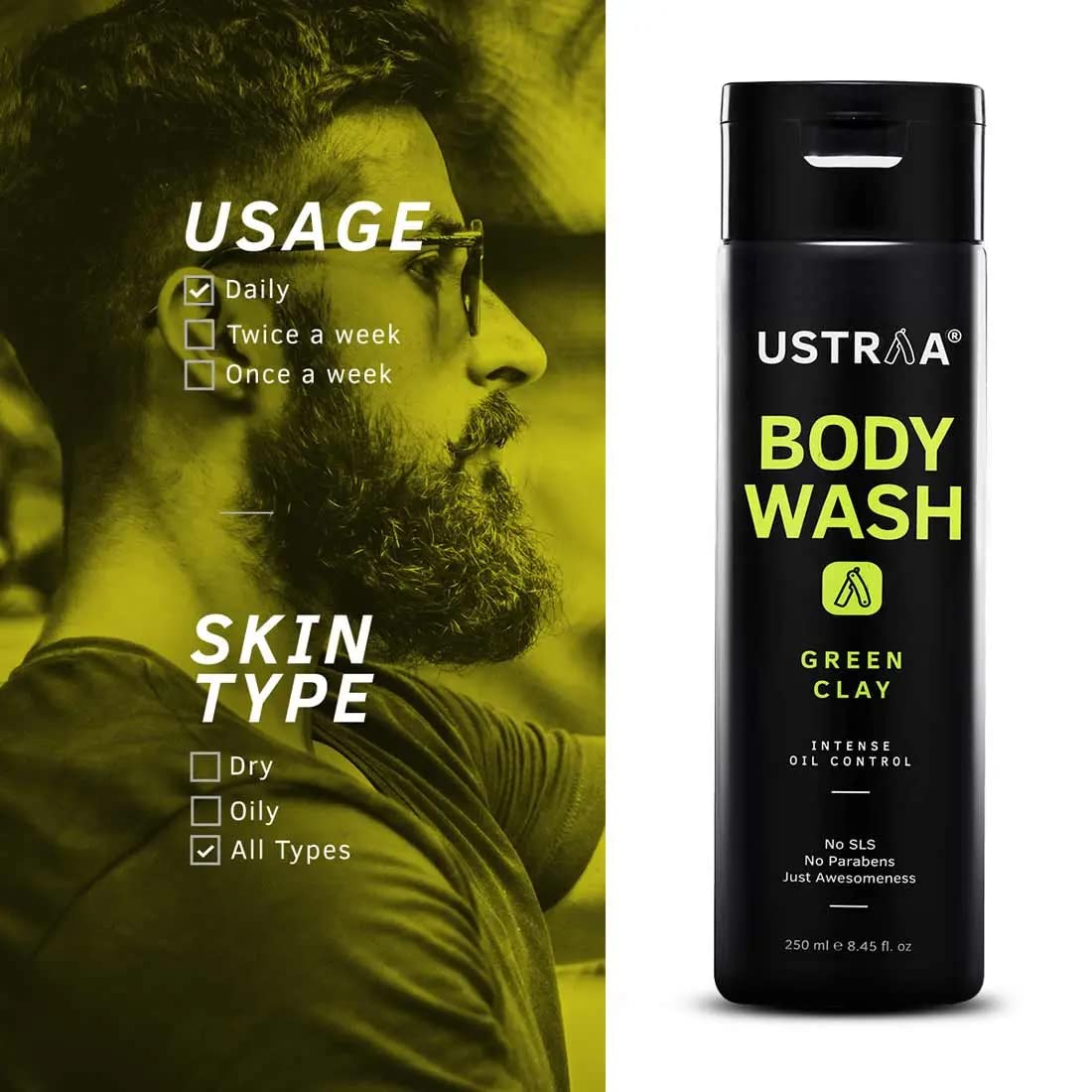 Ustraa Green Clay Body Wash 250ml - Oil Control, Removes Excess Oil, No Dryness, Sulfate-Free Foaming - For All Skin Types | Post-Workout & Daily Shower Use