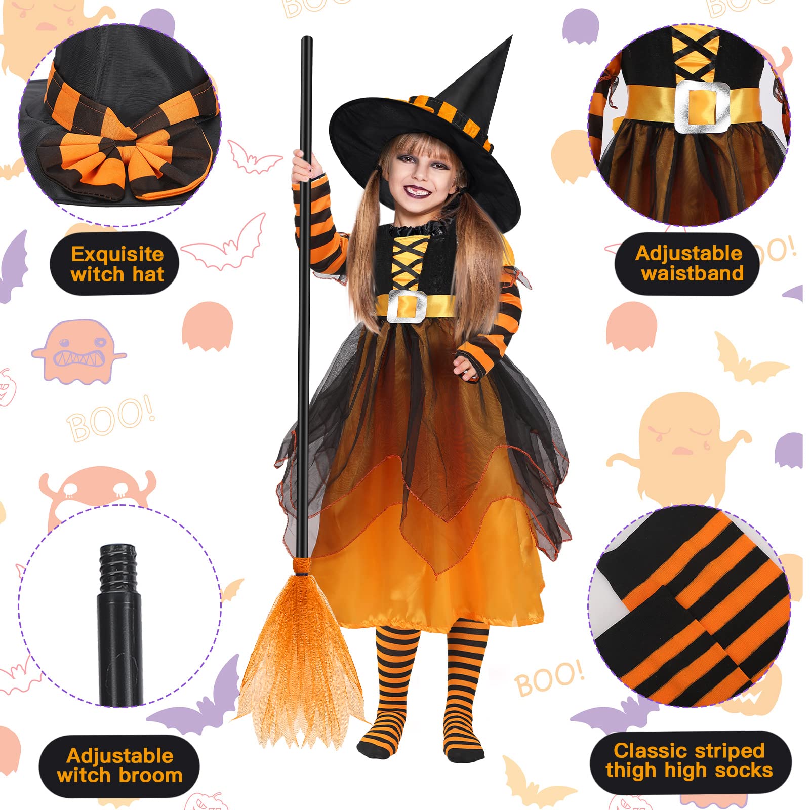 4 Pcs Halloween Witch Costume Set for Kids - Cute Witch Hat, Broom, Tutu & Striped Stockings - Perfect for Girls' Fairy Tale Dress Up, Trick or Treat & Halloween Parties