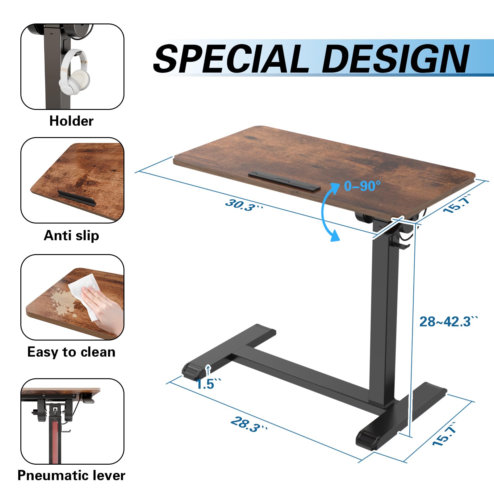 Adjustable Overbed Table with Wheels - 90° Tilting Desktop, Foldable Hospital Bed Table for Medical Use (Walnut) - Perfect for Eating, Working, or Reading in Bed or Recliner