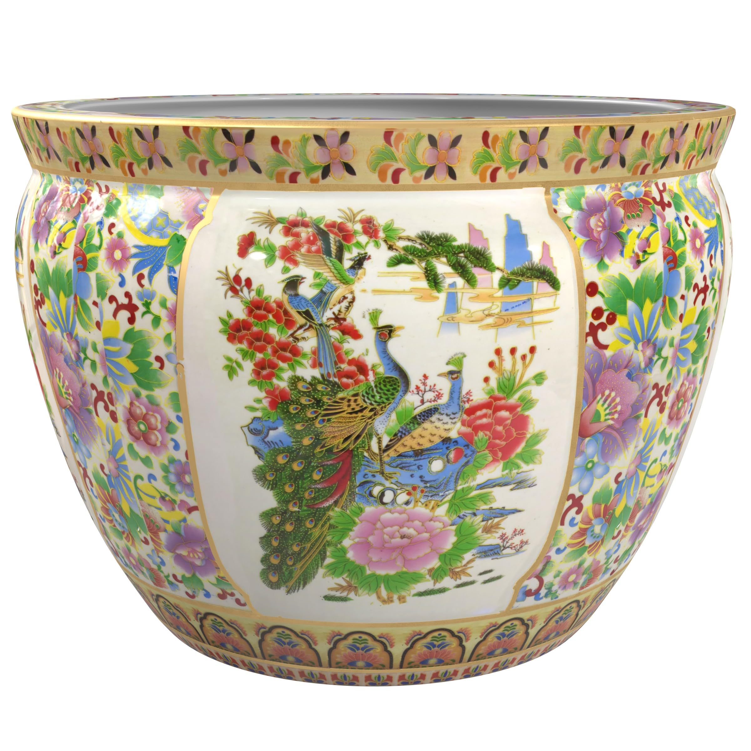 14 Inch Red Lantern Satsuma Birds & Flowers Porcelain Fish Bowl Planter - Perfect for Home Decor, Garden Centerpiece & Unique Gift Idea