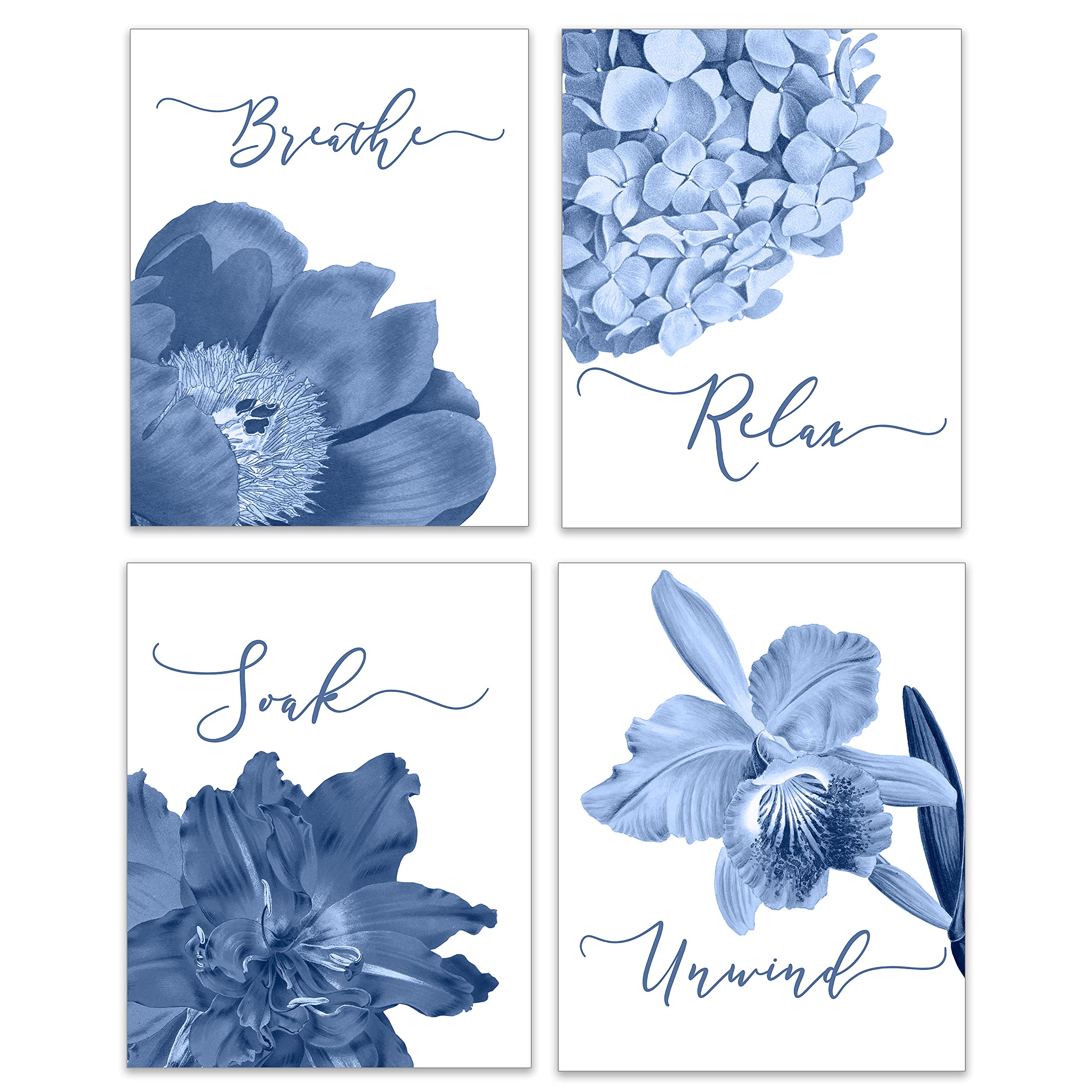Blue Floral Bathroom Wall Art Set of 4 - 8x10 Unframed Boho Farmhouse Prints for Relaxation | Perfect for Spa Decor, Guest Bathroom, and Home Wellness Spaces (Blue Gray Flowers)