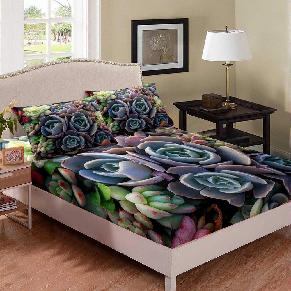 Premium Succulent Lotus Full Bed Sheet Set - 3PC Green Plant Themed Kids Bedding with Fresh Flower Design | Soft & Breathable for Children's Room Decor, Nursery, Dorm, or Guest Bedroom