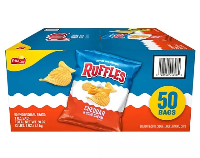 Ruffles Cheddar & Sour Cream Potato Chips - 50 Count Bulk Bags - Perfect for Parties, Snacking & Vending Machines