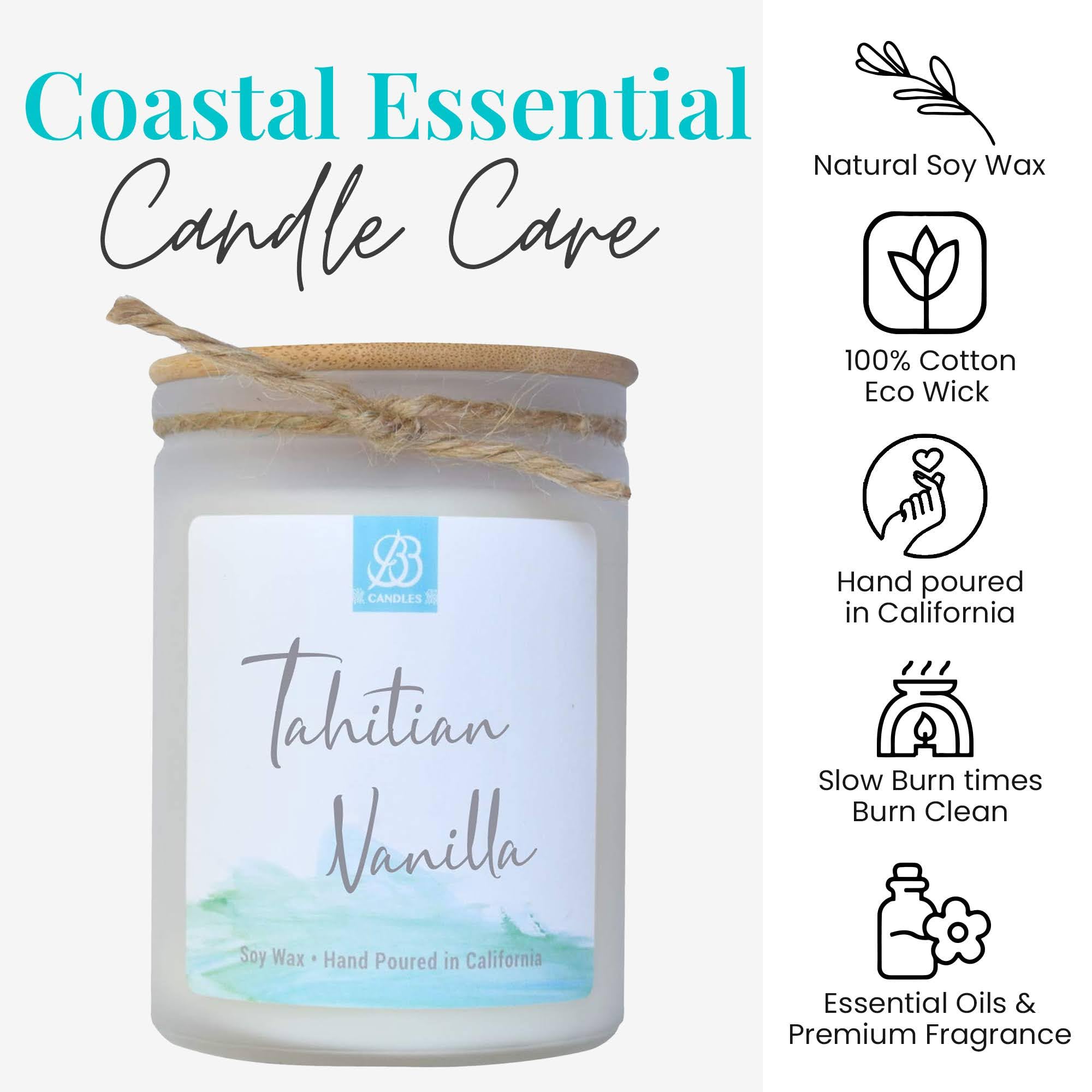 Coastal Essentials Natural Soy Hand-Poured Candle - Tahitian Vanilla Scent, 12oz Long-Lasting Artisan Candle (90+ Hours Burn Time) | Strong Fragrance for Home, Office, Spa & Relaxation