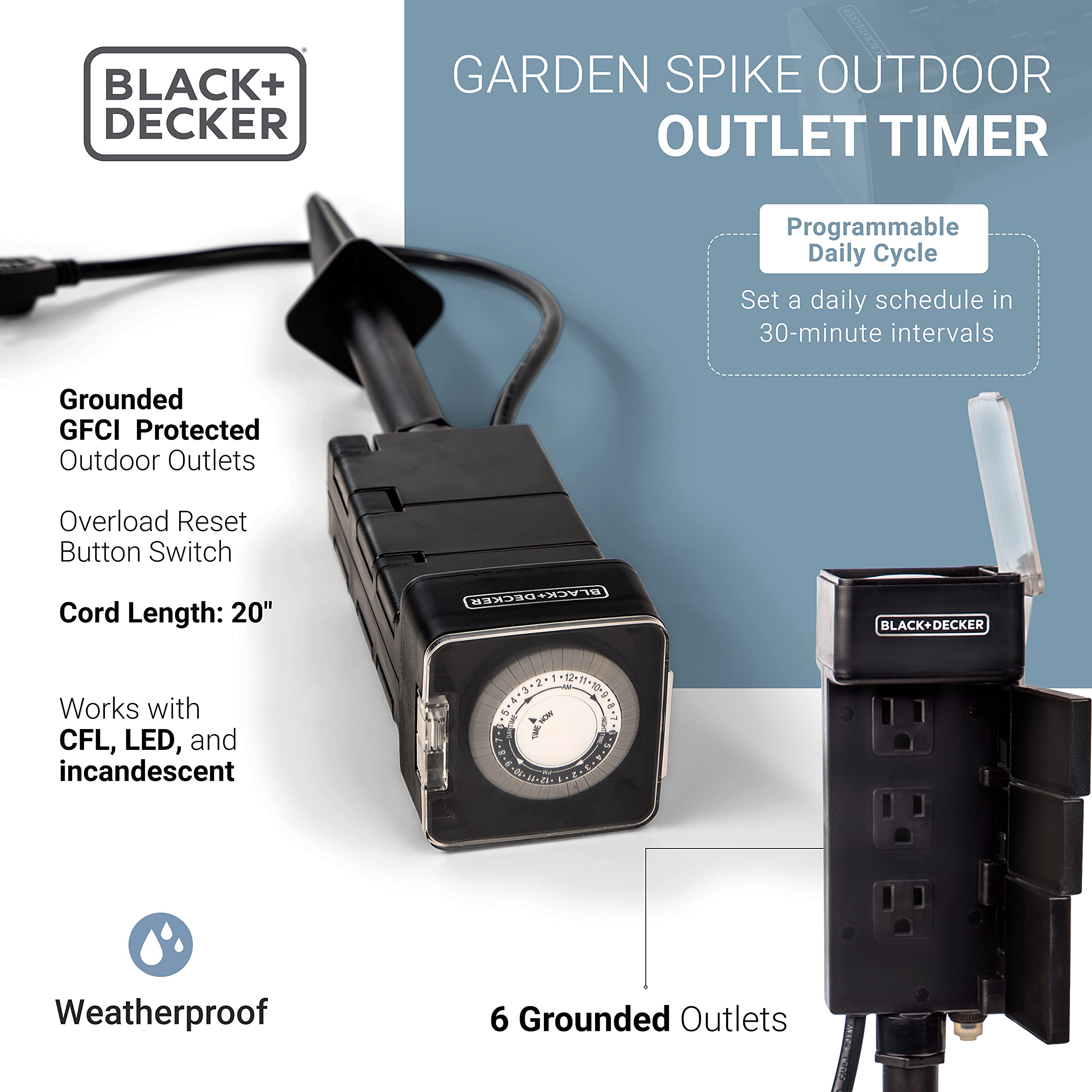 BLACK+DECKER Outdoor Waterproof Garden Timer Stake with 6 Grounded Outlets - 30-Minute Interval Timer for Lights & Power Tools - Heavy Duty Outdoor Power Stake with Overload Protection - Perfect for Landscape Lighting, Holiday Decorations & Irrigation Systems
