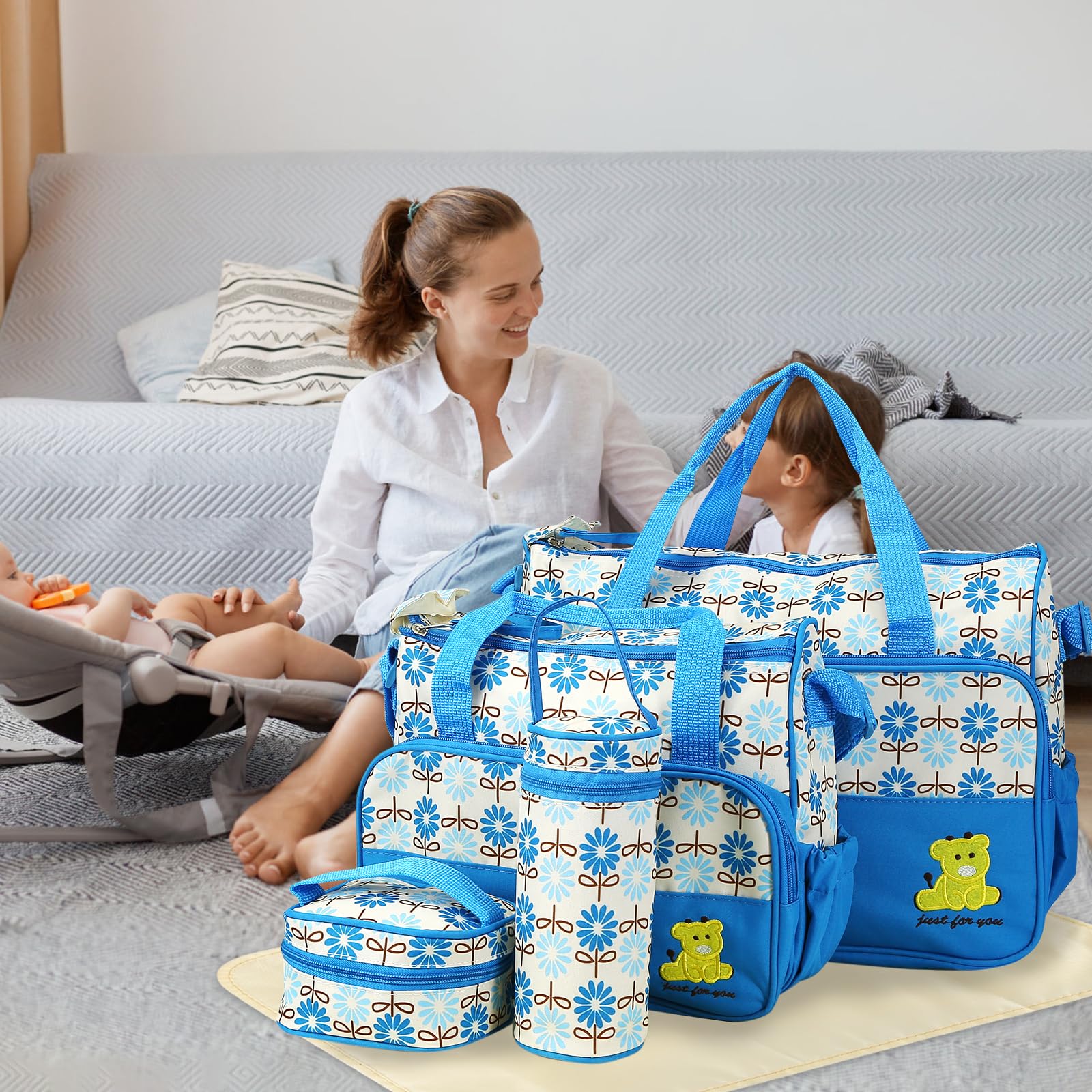 Zorpupoa Diaper Bag Tote Set for Boys, Girls & Moms - Large Portable Baby Changing Bag with 5 PCS Travel Essentials | Perfect for Daycare, Travel & On-the-Go Parenting