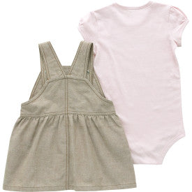 Carhartt Brown Infant Girls Short Sleeve Bodysuit & Chambray Jumper Outfit Set - Cute Baby Girl Romper for Playdates, Daycare & Family Photos