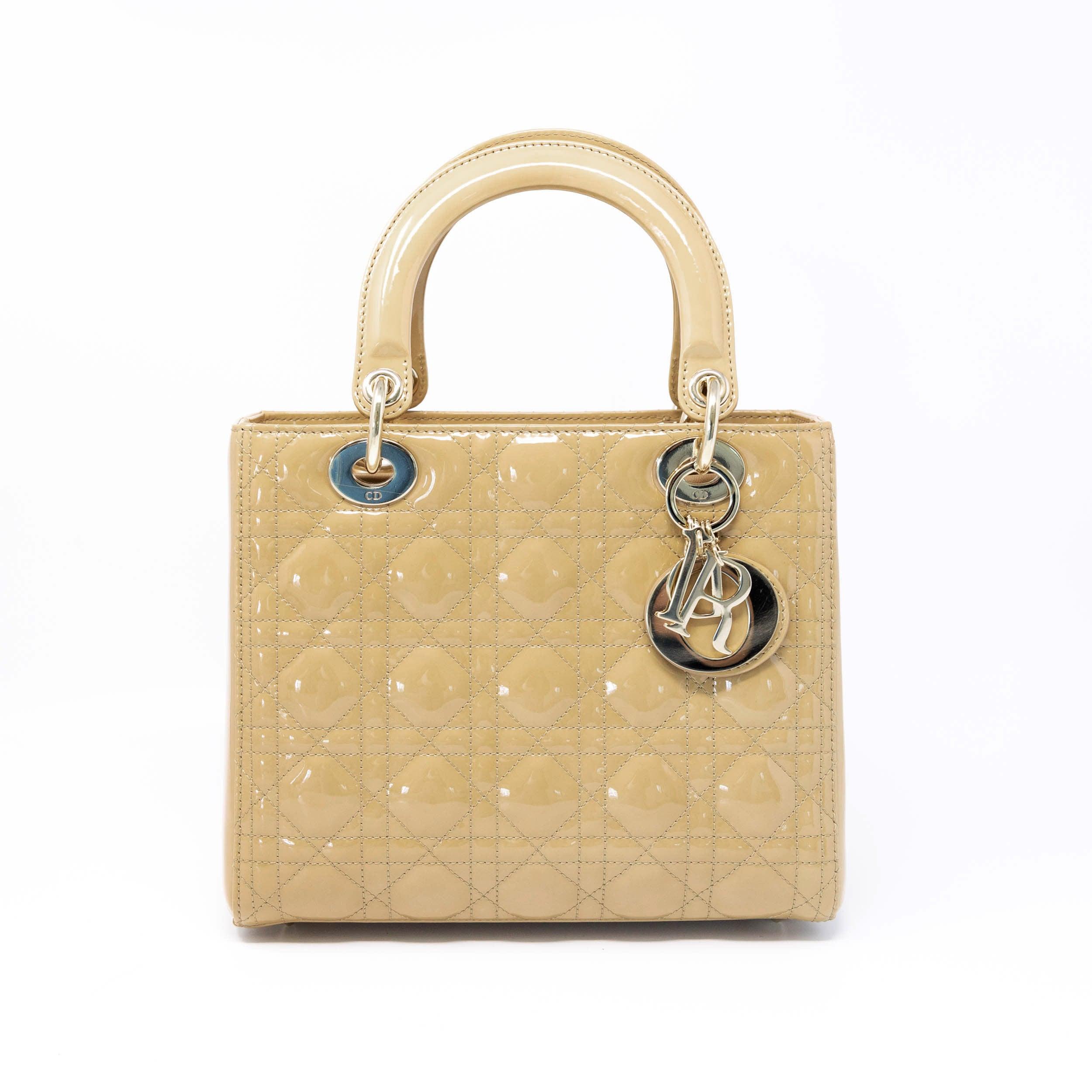 Dior Beige Patent Leather Medium Lady Dior Handbag - Luxury Designer Shoulder Bag for Women, Perfect for Parties, Weddings & Special Occasions