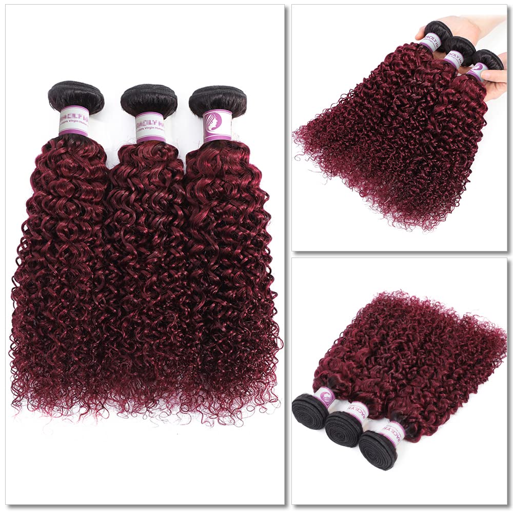 Ombre Burgundy Brazilian Curly Human Hair Extensions 3 Bundles with 18