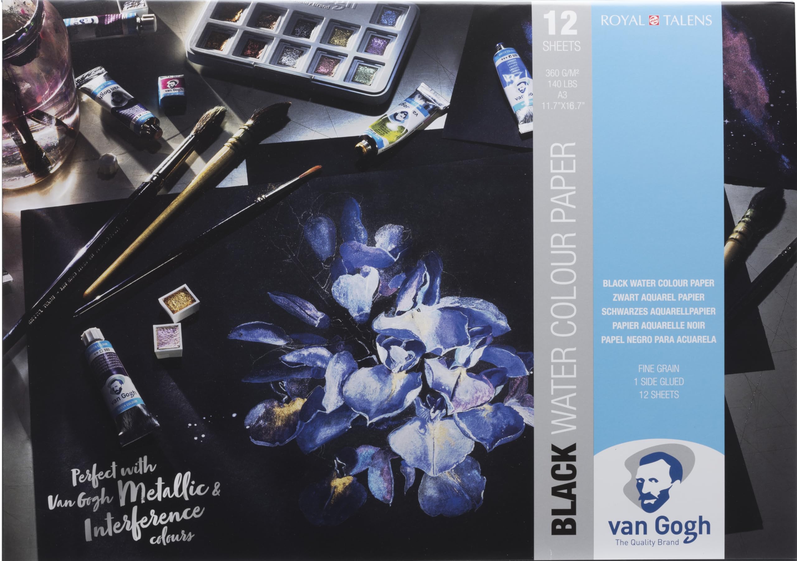 Van Gogh Watercolor Paper Pad - 140lb Heavyweight Black Paper - 12 Sheets 11.7
