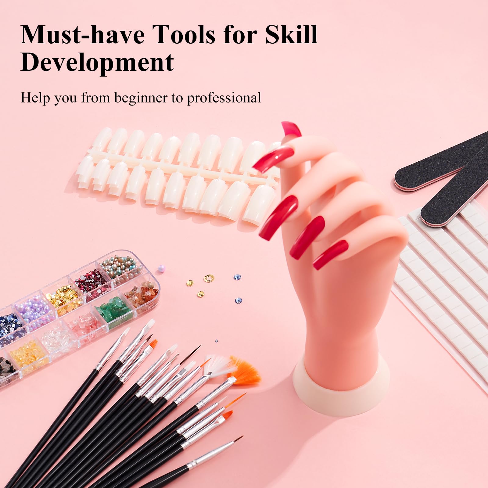 Professional Acrylic Nail Practice Hand - Flexible Bendable Mannequin Hand with 100PCS Nail Tips, Painting Pen, Nail Clay & Rhinestones - Perfect for Nail Art Training, Salon Practice & DIY Manicure at Home