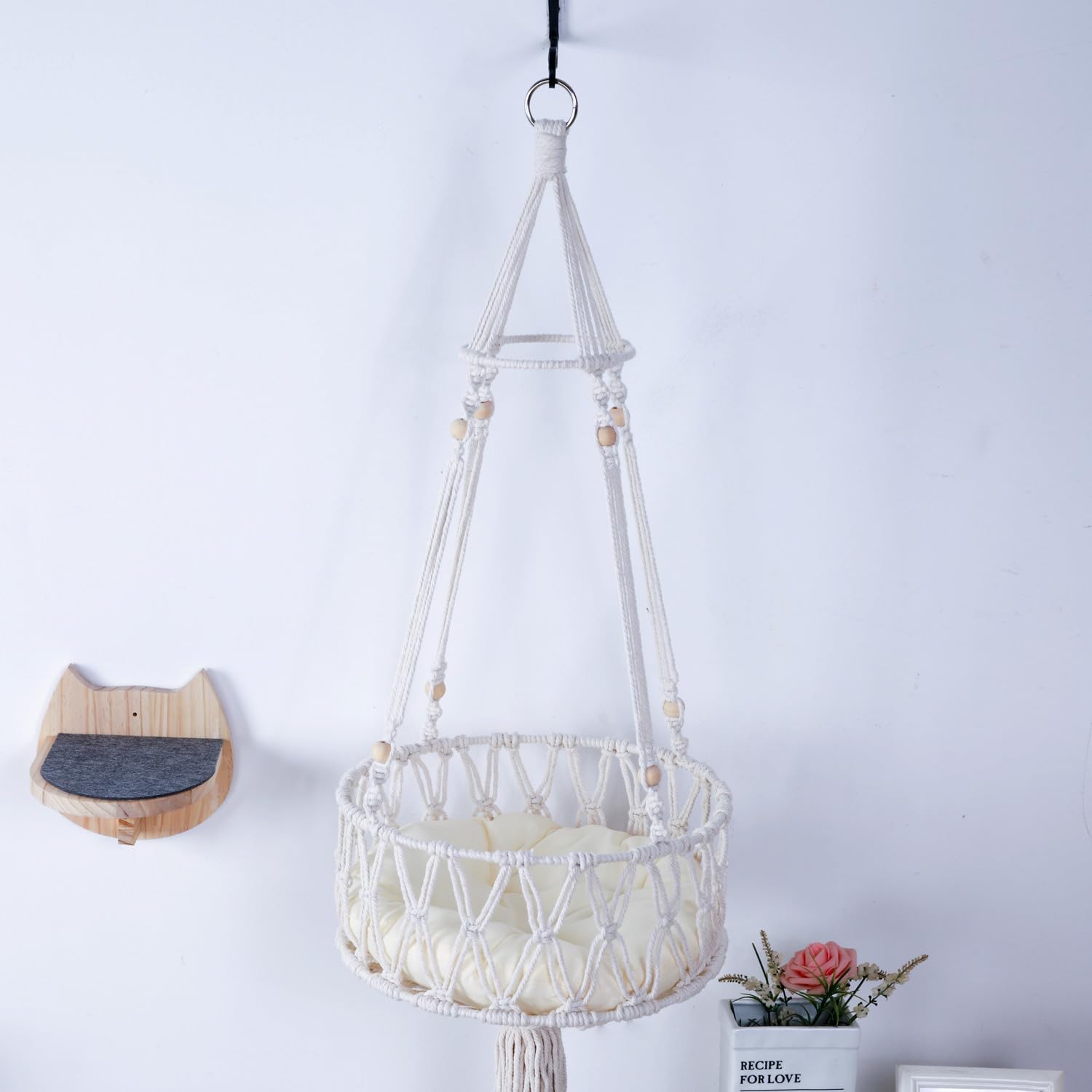 SHENGOCASE Macrame Boho Cat Hammock - 3-Step Wall Mounted Cat Bed with Hook for Indoor Cats | Cozy Hanging Cat Swing for Windows, Balconies & Small Spaces