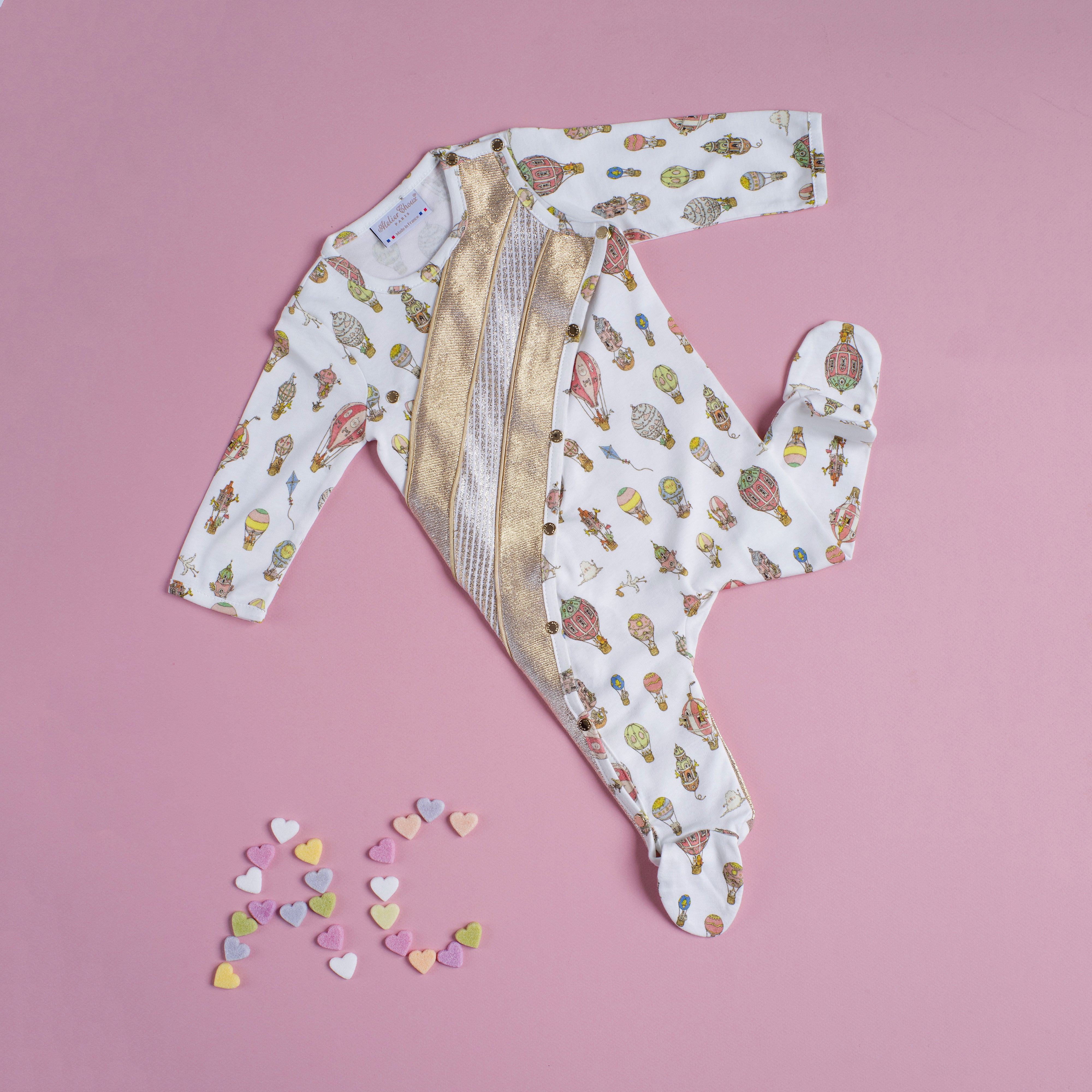 Atelier Choux Gold Playsuit Hot Air Balloon - Premium Baby Romper for Boys & Girls - Perfect for Photoshoots, Parties & Special Occasions