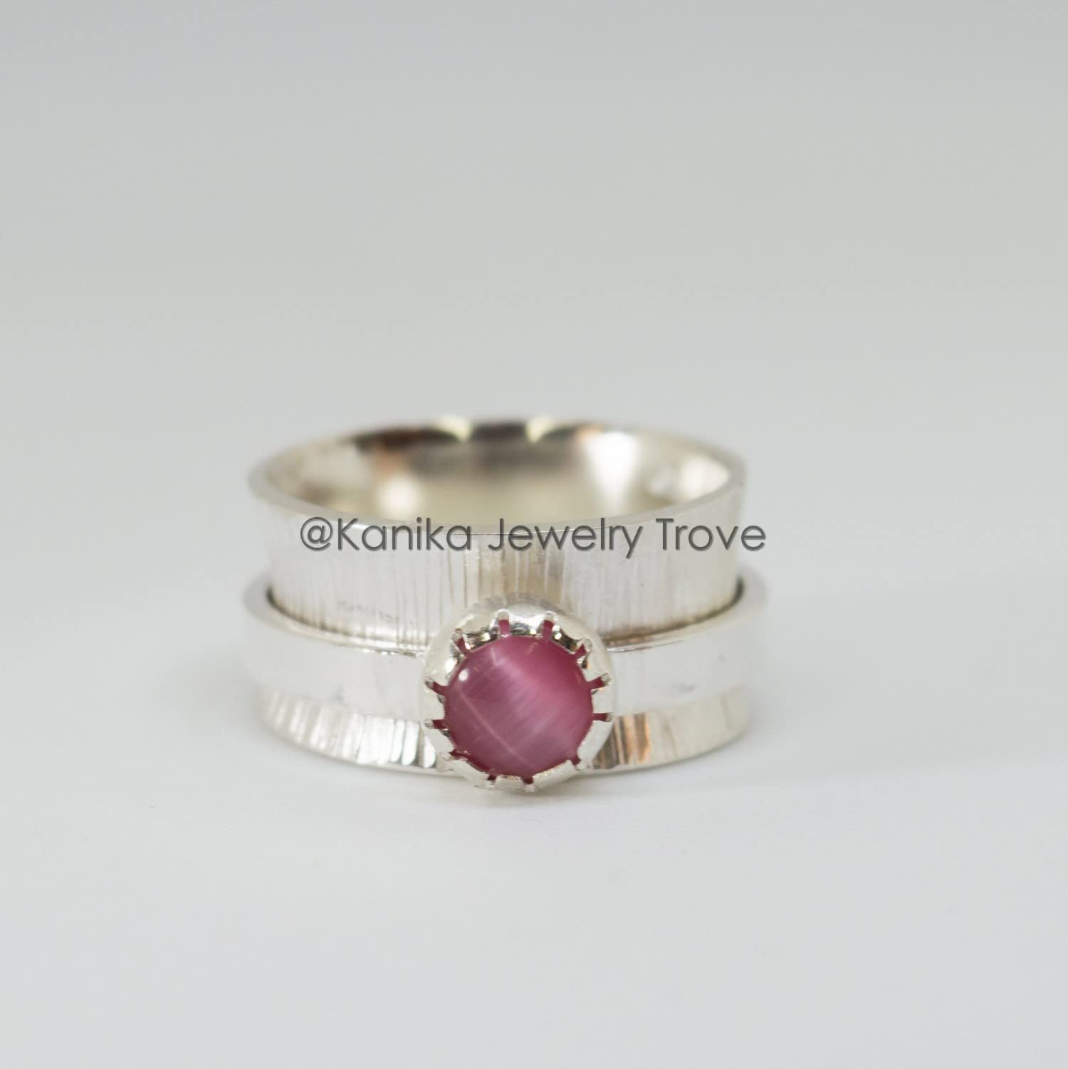 Textured Sterling Silver Spinner Ring for Men & Women - Scratched Finish Meditation Ring, Anxiety Relief Jewelry - Pink Tourmaline Size 14 - Perfect Gift for Mother's Day, Birthday & Stress Relief