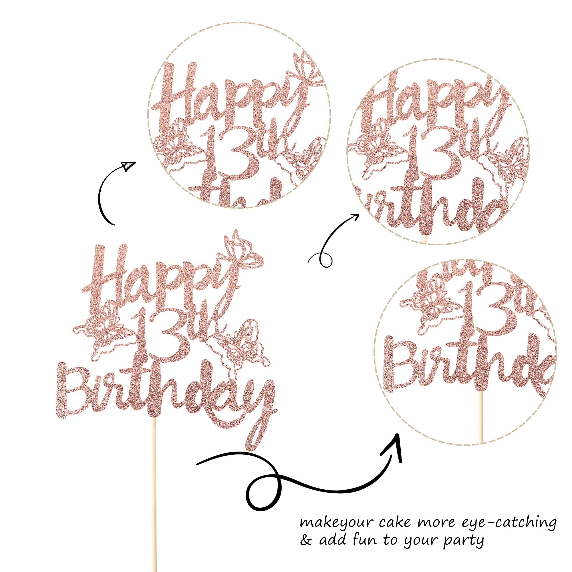 1 PCS Happy 13th Birthday Cake Topper - Glitter Butterfly, 'Hello 13', 'Cheers to 13 Years' & '13 & Fabulous' Cake Decorations for 13th Birthday Party Supplies in Rose Gold | Perfect for Teen Birthday Cakes, Anniversary Celebrations & Sweet 16 Decor