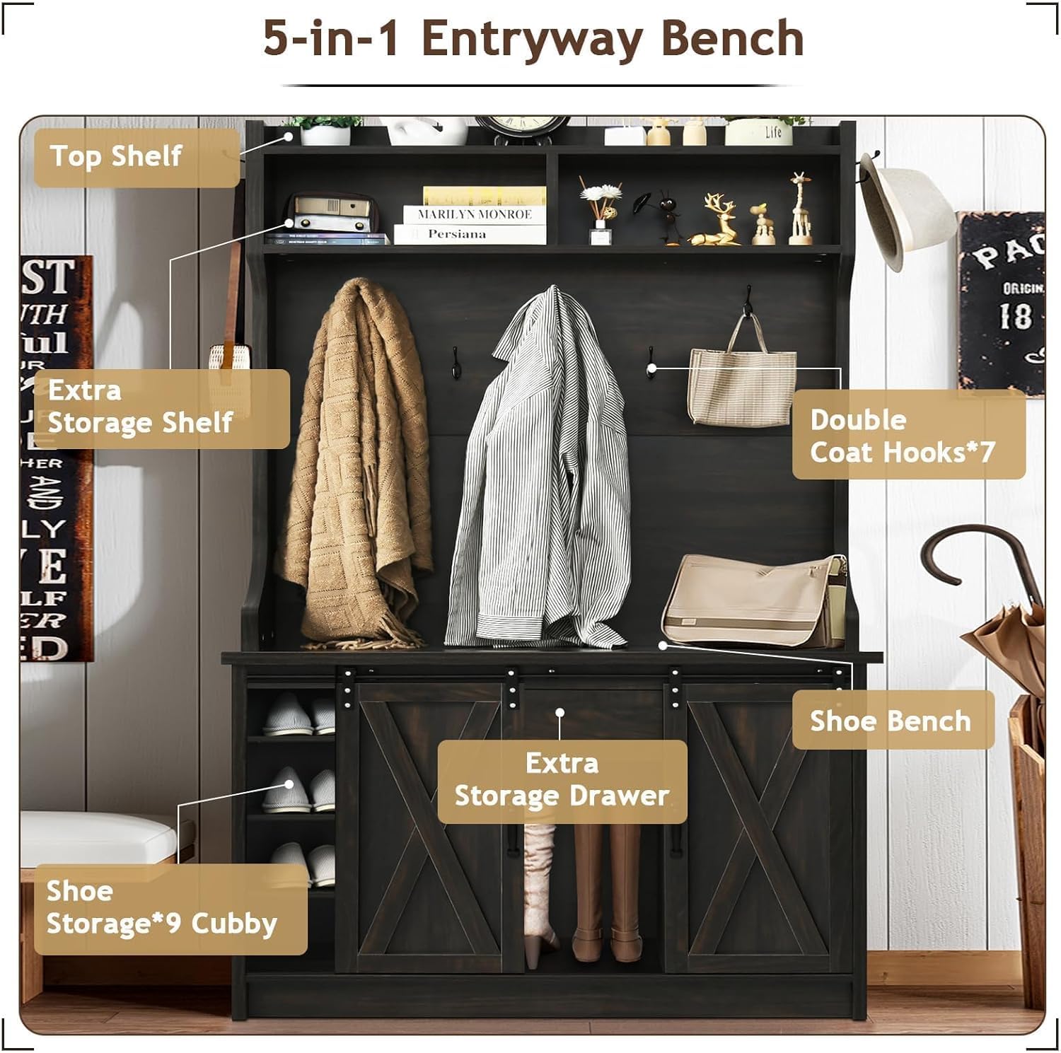 Farmhouse Hall Tree with Storage - Entryway Bench with 2 Sliding Barn Doors, Coat Rack & Shoe Organizer - Rustic Tall Hallway Furniture for Living Room, Foyer & Mudroom - Perfect for Home Entry Organization & Winter Gear Storage