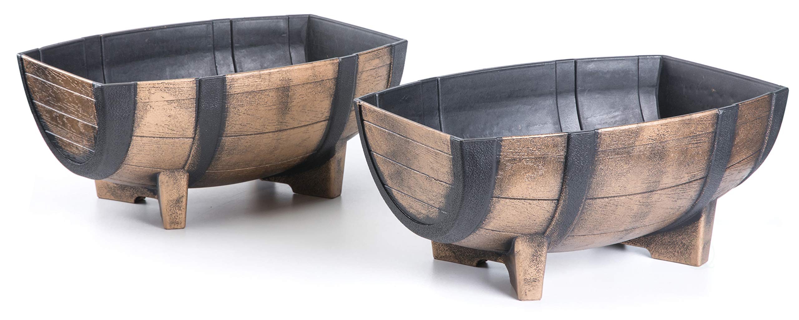 Set of 2 Rustic Wood-Look Plastic Half Barrel Planters - Outdoor Garden Flower Pots for Patio, Deck, and Backyard Decor