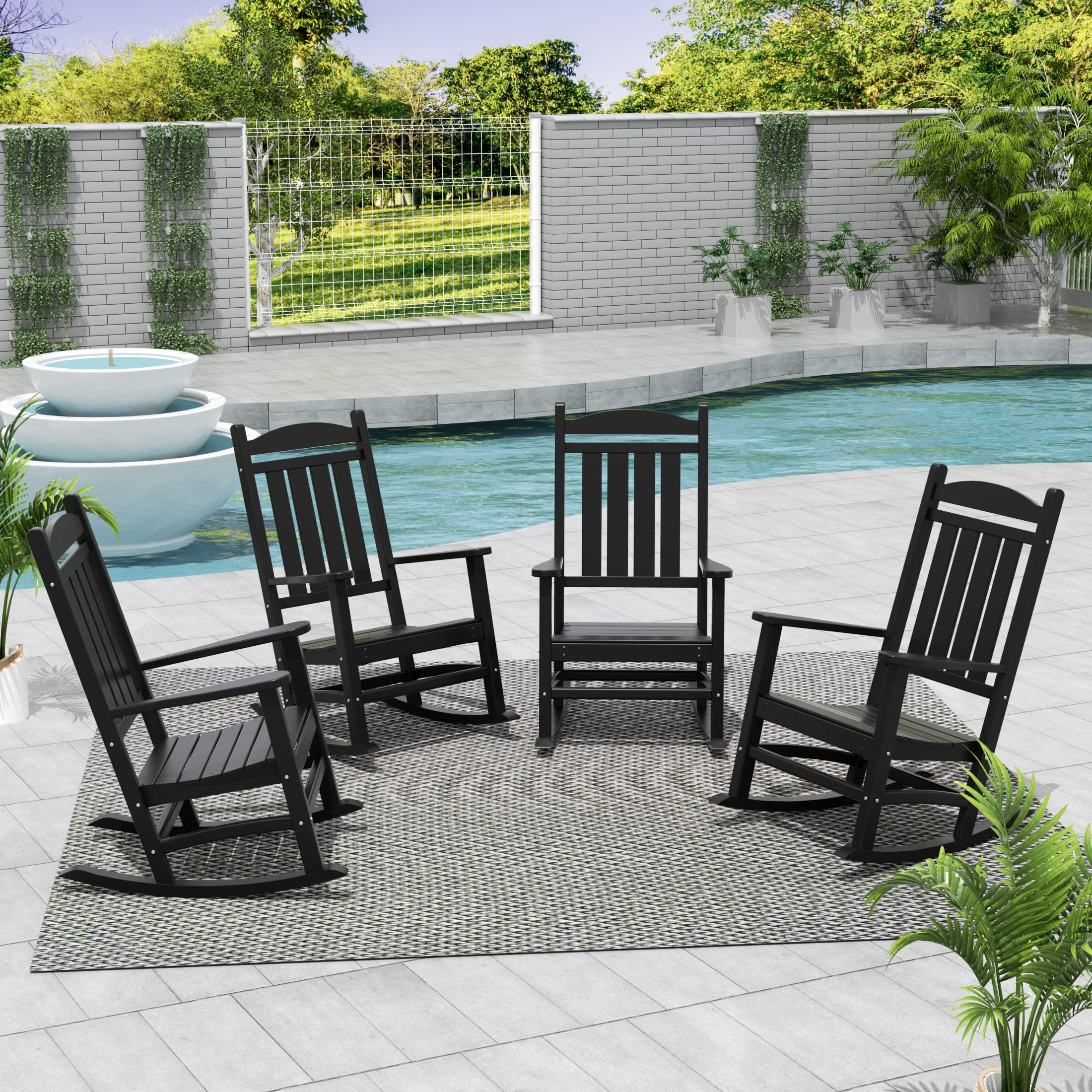 WO Home Furniture 4-Piece Patio Rocking Chair Set - Traditional Outdoor HDPE Rocking Chairs with UV & Weather Resistance (Black) - Perfect for Backyard, Garden, Porch & Poolside Relaxation