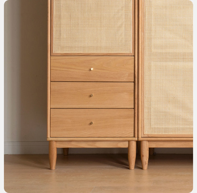 Solid Oak Wood Rattan Wardrobe - Stylish Storage for Bedroom, Living Room & Closet Organization