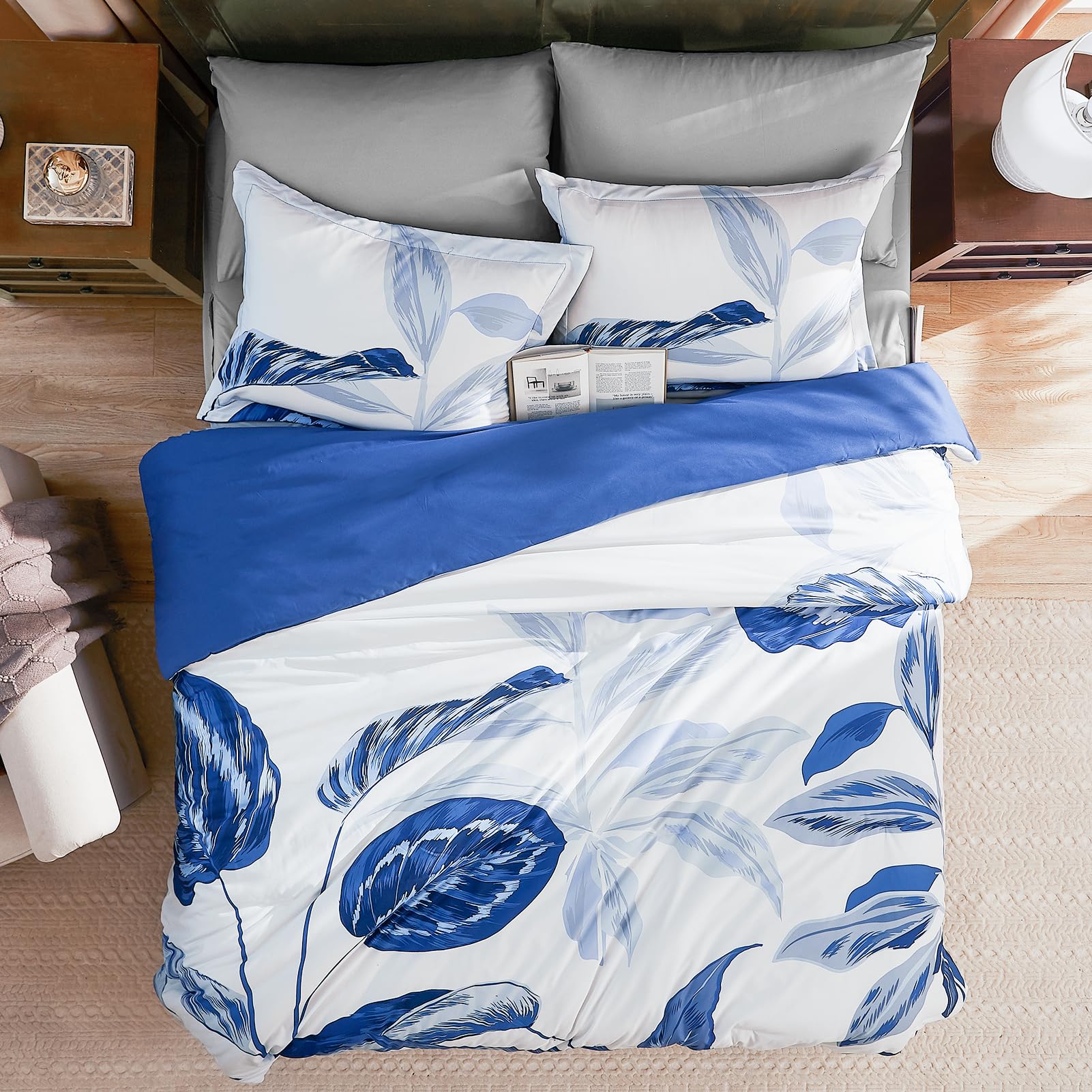 Wrensonge King Size Comforter Set - 7 Piece Blue Floral Bedding Set with Sheets | Soft Breathable Microfiber King Bed in a Bag | All Seasons Leaf Pattern Bedding for Master Bedroom, Guest Room & Dorm