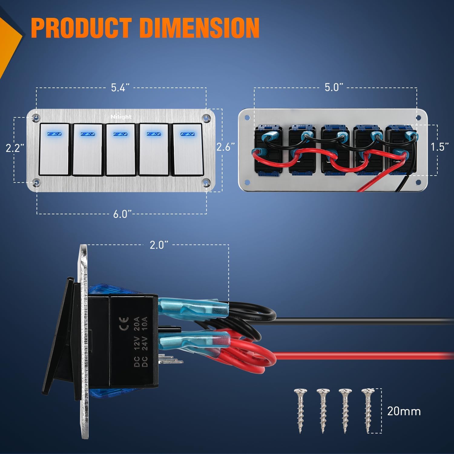5 Gang Aluminum 3 Pin ON/Off Blue LED Rocker Switch Panel - Perfect for Marine, RV, Automotive & Industrial Control Panels