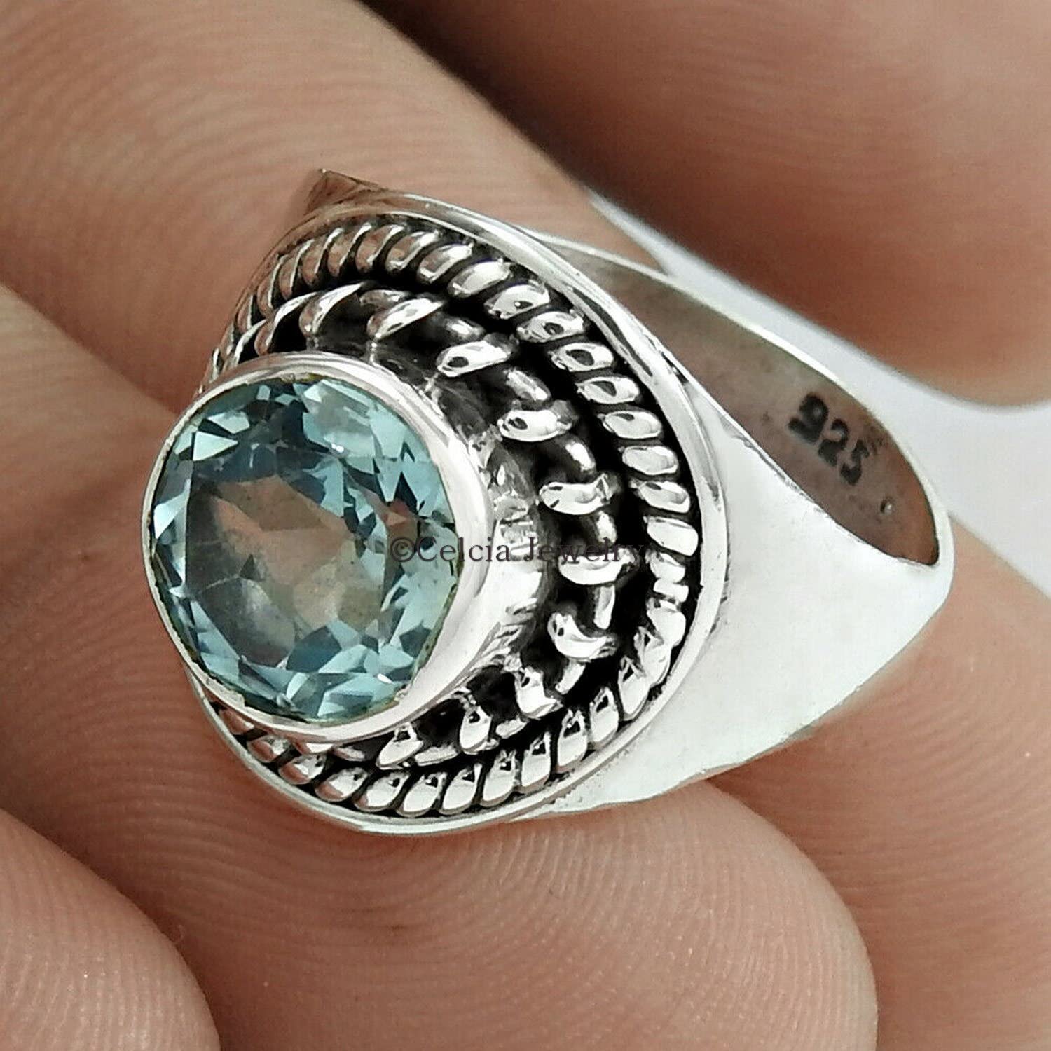 Natural Blue Topaz Gemstone Ring - Elegant Statement Promise & Proposal Ring | Bohemian Style Jewelry | November Birthstone Gift for Women | Perfect Anniversary, Holiday & Special Occasion Gift (Size 12) - Ideal for Engagements, Weddings, Birthdays & Romantic Surprises