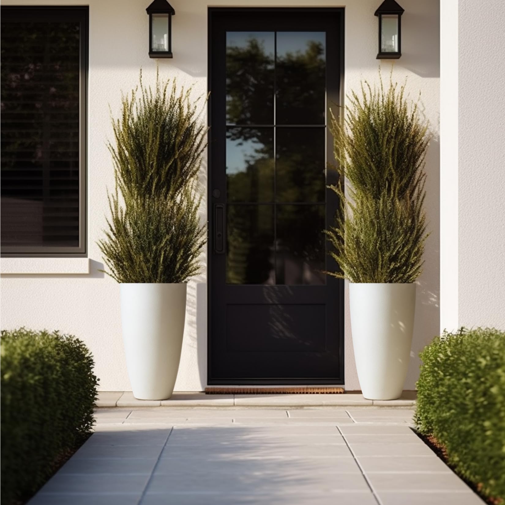 LA Jolie Muse 20 Inch Tall White Planters Set of 2 - Modern Indoor/Outdoor Round Flower Pots with Drainage Holes & Shelf Inset - Perfect for Front Door Decor, Balcony Gardening, Patio Plants & Home Office Greenery