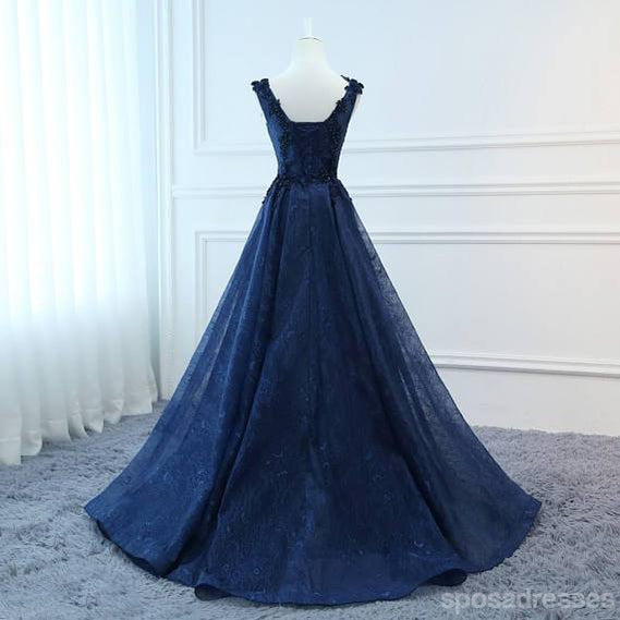 Navy Blue V-Neck Corset A-Line Lace Prom Dress for Evening Gala - Custom Long Formal Gown for Weddings, Homecoming & Special Occasions