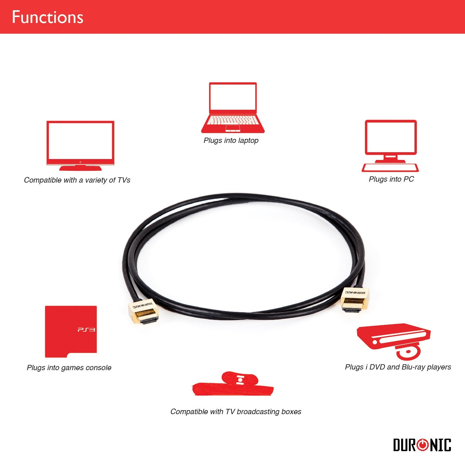 Duronic HDMI Cable 1.5m High Speed 1080p with Ethernet - 24K Gold Plated Connectors - Black | Perfect for Home Theater, Gaming & 4K TV Setup