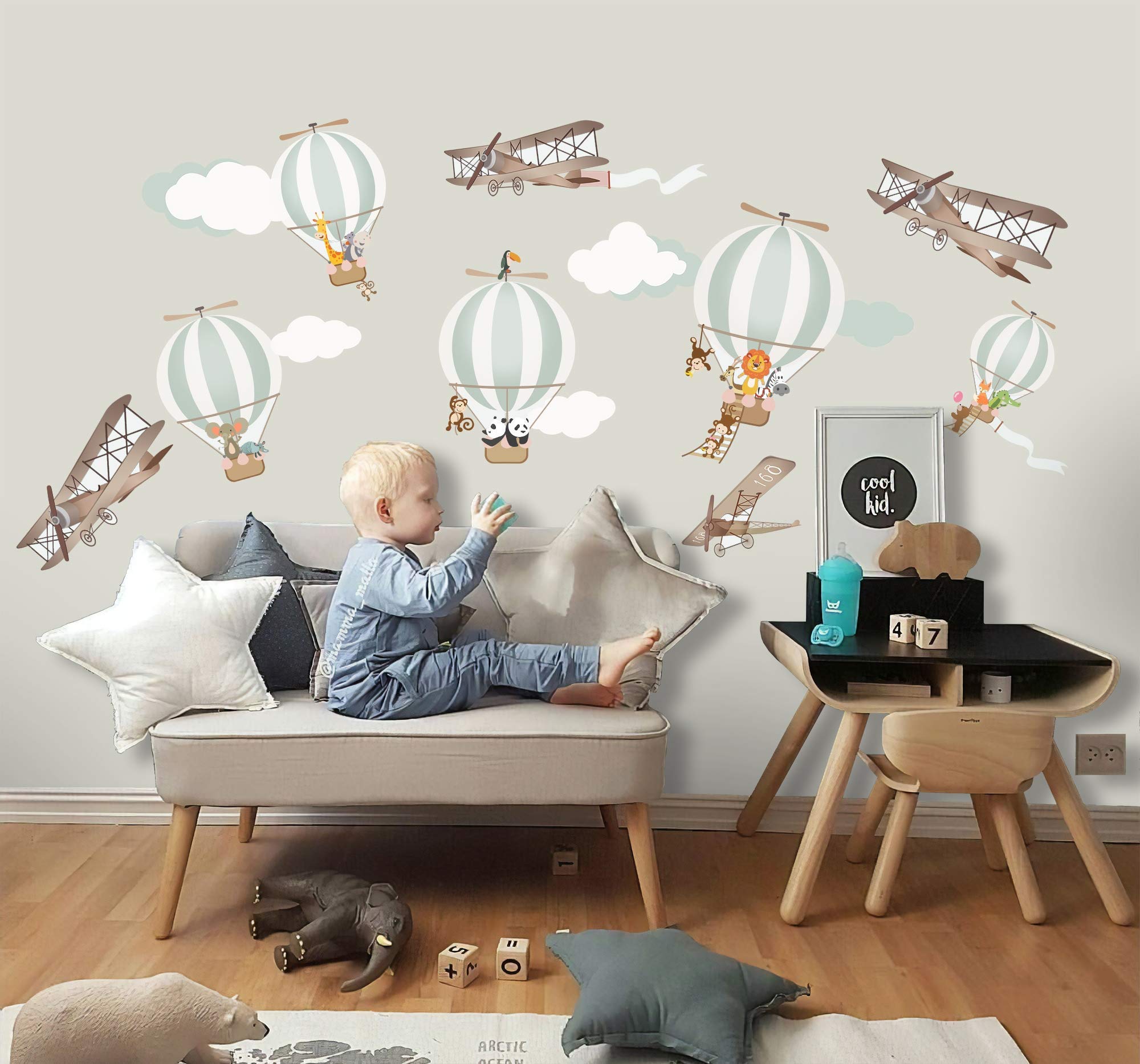 Murwall Kids Wall Decal - Hot Air Balloon & Vintage Aircraft Peel and Stick Wall Stickers for Nursery, Bedroom, Playroom Decor | Removable Wall Art for Boys & Girls