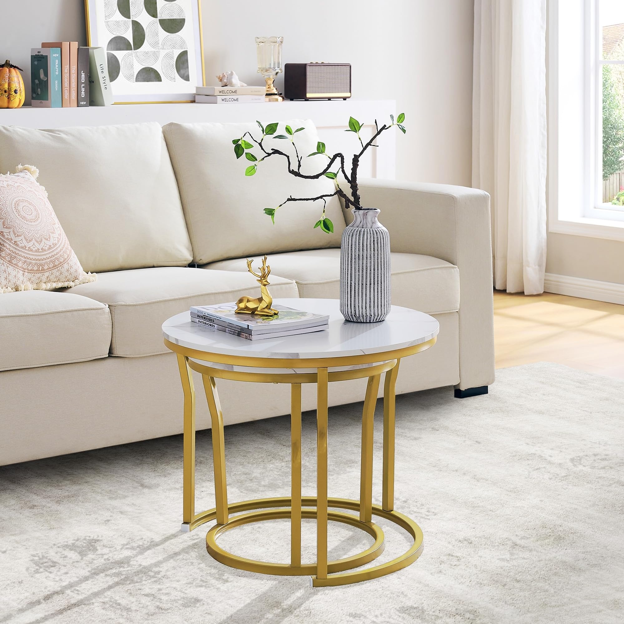 Hoctieon Round Nesting Coffee Tables Set of 2 - Wooden Table Top with Gold & White Finish - Modern Stacking End Tables for Living Room, Bedroom or Office - Perfect for Small Spaces and Stylish Home Decor