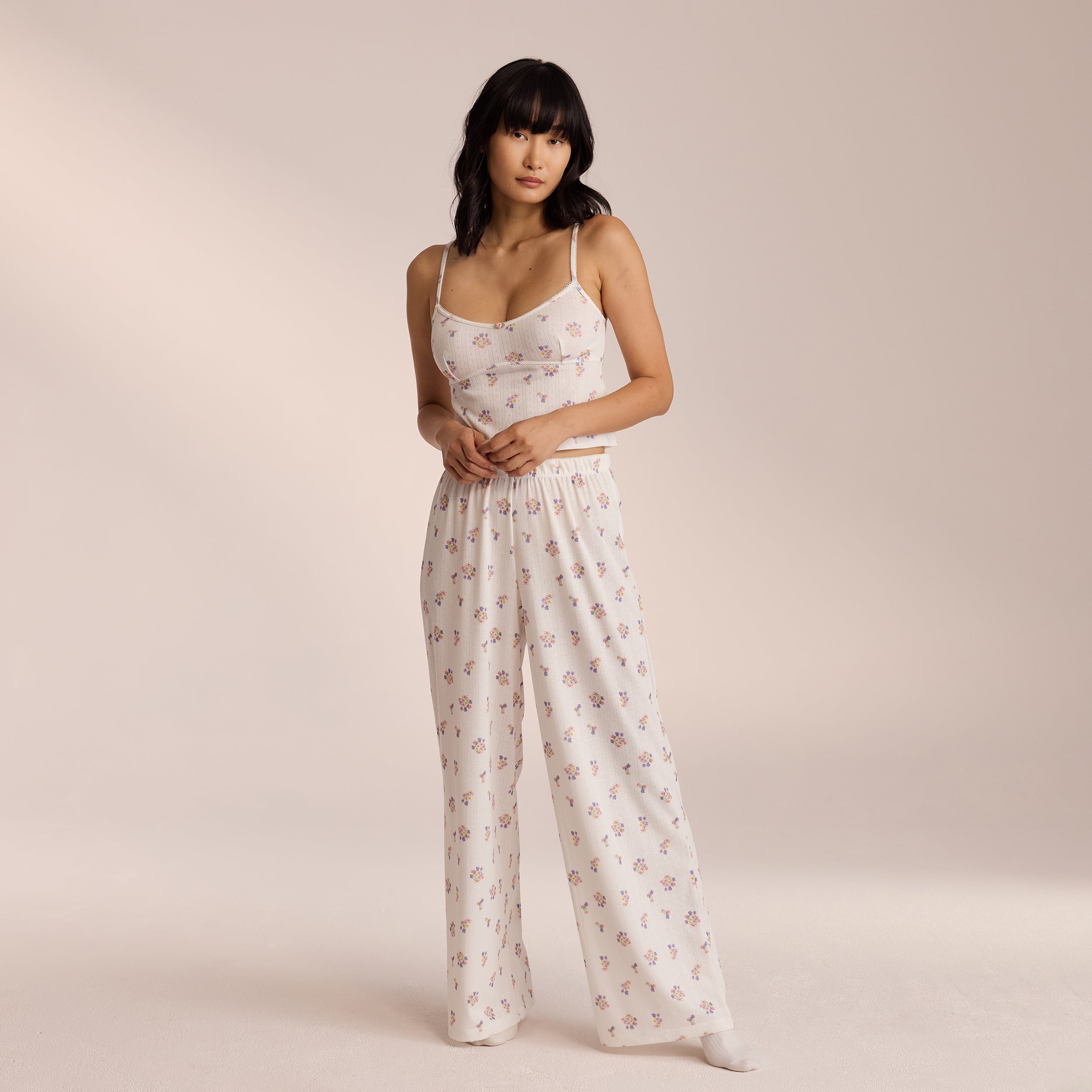 Pointelle Pajama Pants for Women - White Floral Print Sleepwear | Soft & Comfortable Lounge Pants for Relaxing at Home