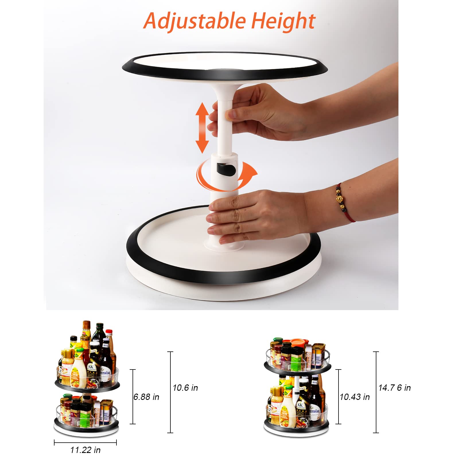 2-Tier Turntable Organizer - 11 Inch Height Adjustable Rotating Spice Rack with Non-Slip Base for Kitchen Countertop, Bathroom, Makeup Storage | Space-Saving Cabinet Organizer for Pantry, Vanity & Office Supplies