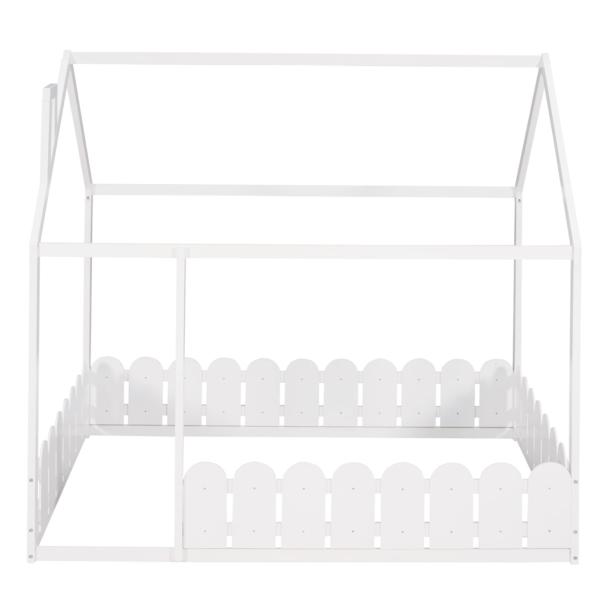 P PURLOVE Solid Wood House Bed Frame with Fence-Style Guardrails - Twin/Full Size Kids Bed for Boys & Girls (Slats Not Included, White) - Perfect for Nursery, Kids Room & Playroom Decor