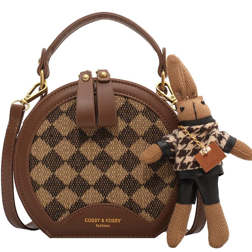 RTGGSEL Women's Quilted Lattice Crossbody Shoulder Bag - Small Square Tote Satchel Purse with Bunny Doll Pendant | Fashion Accessory for Daily Use, Shopping & Travel