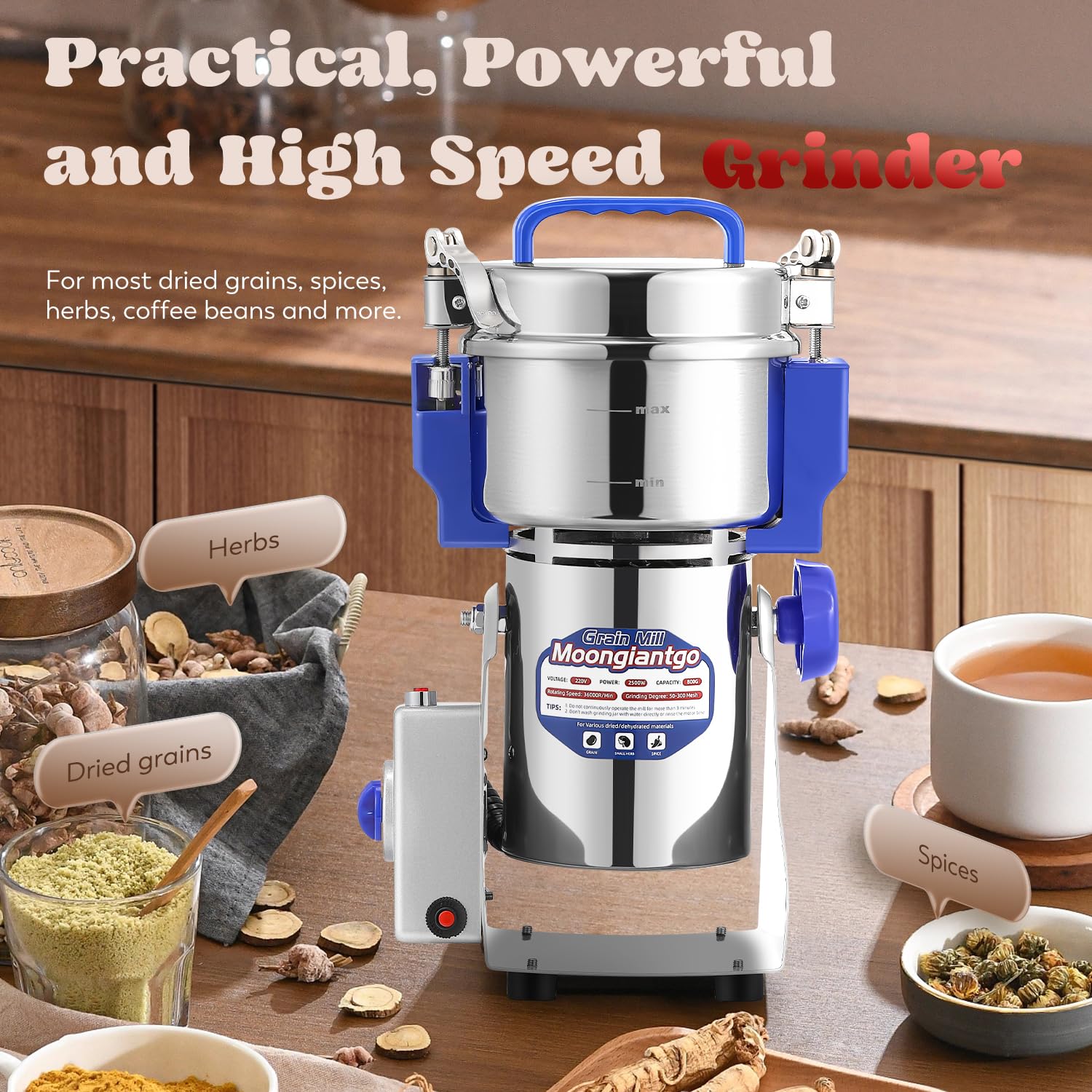 Moongiantgo 800g Electric Grain Grinder Mill - 2500W High-Speed Stainless Steel Spice & Coffee Grinder for Cereals, Herbs, Nuts - Perfect for Home Kitchen, Bakery & Coffee Shop Use