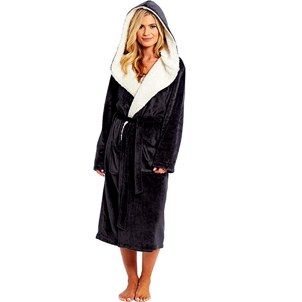 **Plus Size Women's Fleece Plush Bathrobe - Fluffy Fuzzy Hooded Long Robe for Winter Warmth with Two Front Pockets | Cozy Sleepwear & Loungewear for Relaxing at Home**