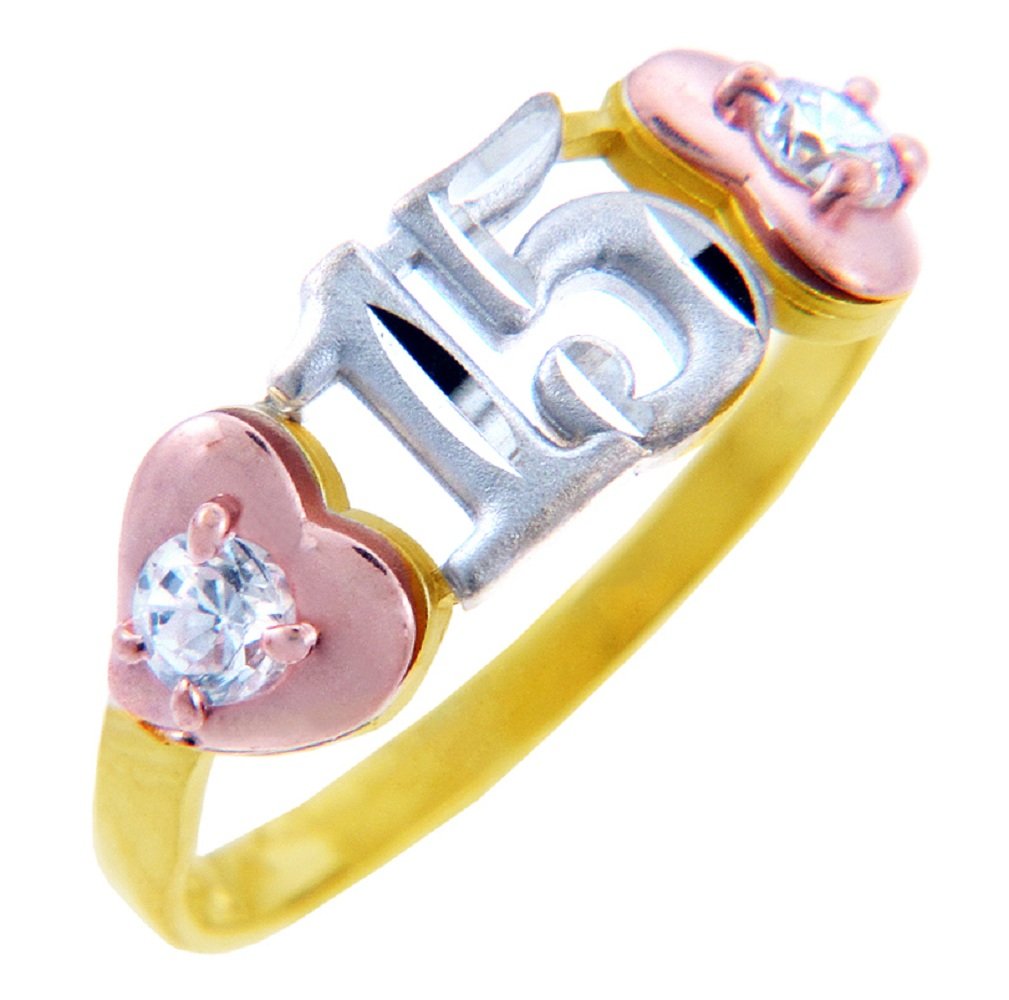 15th Birthday Quinceañera Two Heart Ring with Cubic Zirconias in 14K Gold - Perfect Sweet 16 Gift for Teen Girls & Quince Celebration Jewelry