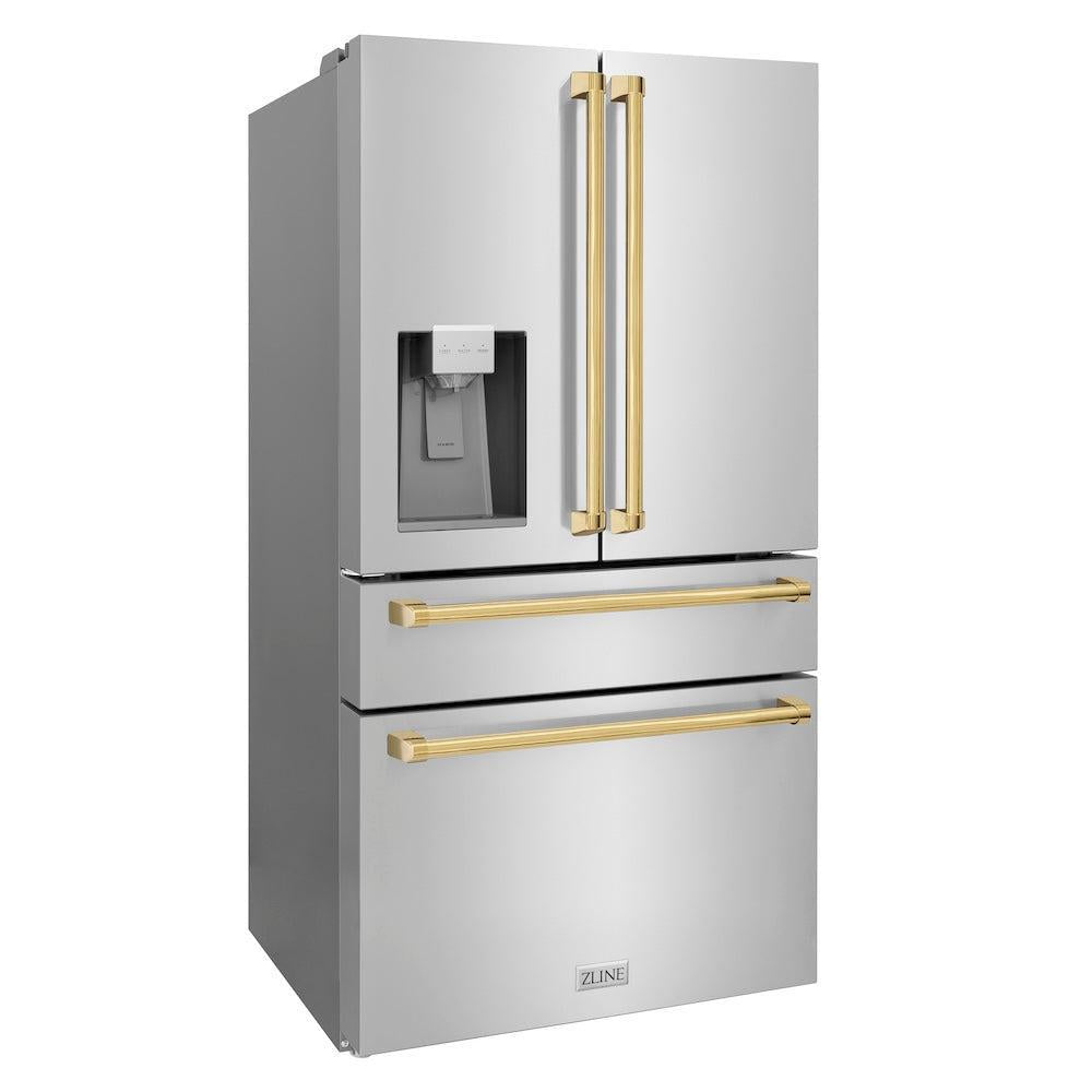 ZLINE Autograph Edition 36 Inch Counter Depth French Door Refrigerator - 21.6 cu ft Capacity, Fingerprint Resistant Stainless Steel with Polished Gold Handles, Built-in Water & Ice Dispenser (RFMZ W 36 G) - Perfect for Modern Kitchens, Open Concept Homes & Luxury Appliances Collection