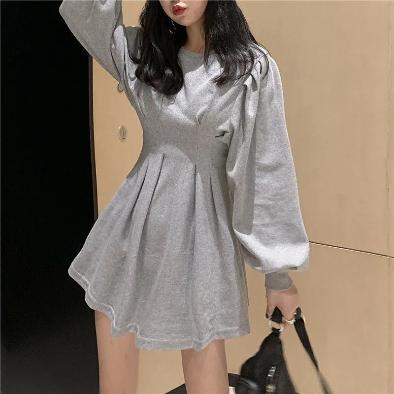 Korean Style Autumn Black Mini Dress - Long Sleeve Pleated Wrap Dress for Women | Spring Fashion Casual Streetwear | Perfect for Kpop Outfits, Date Nights & Office Wear