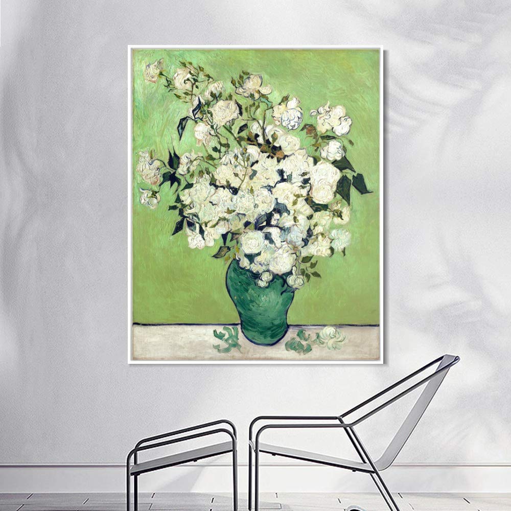 Vincent Van Gogh Vase with Roses Oil Painting Reproduction - 100% Hand Painted Framed Canvas Wall Art (20x24 Inches, White Slim Frame) | Famous Modern Artwork for Living Room, Bedroom & Office Decor
