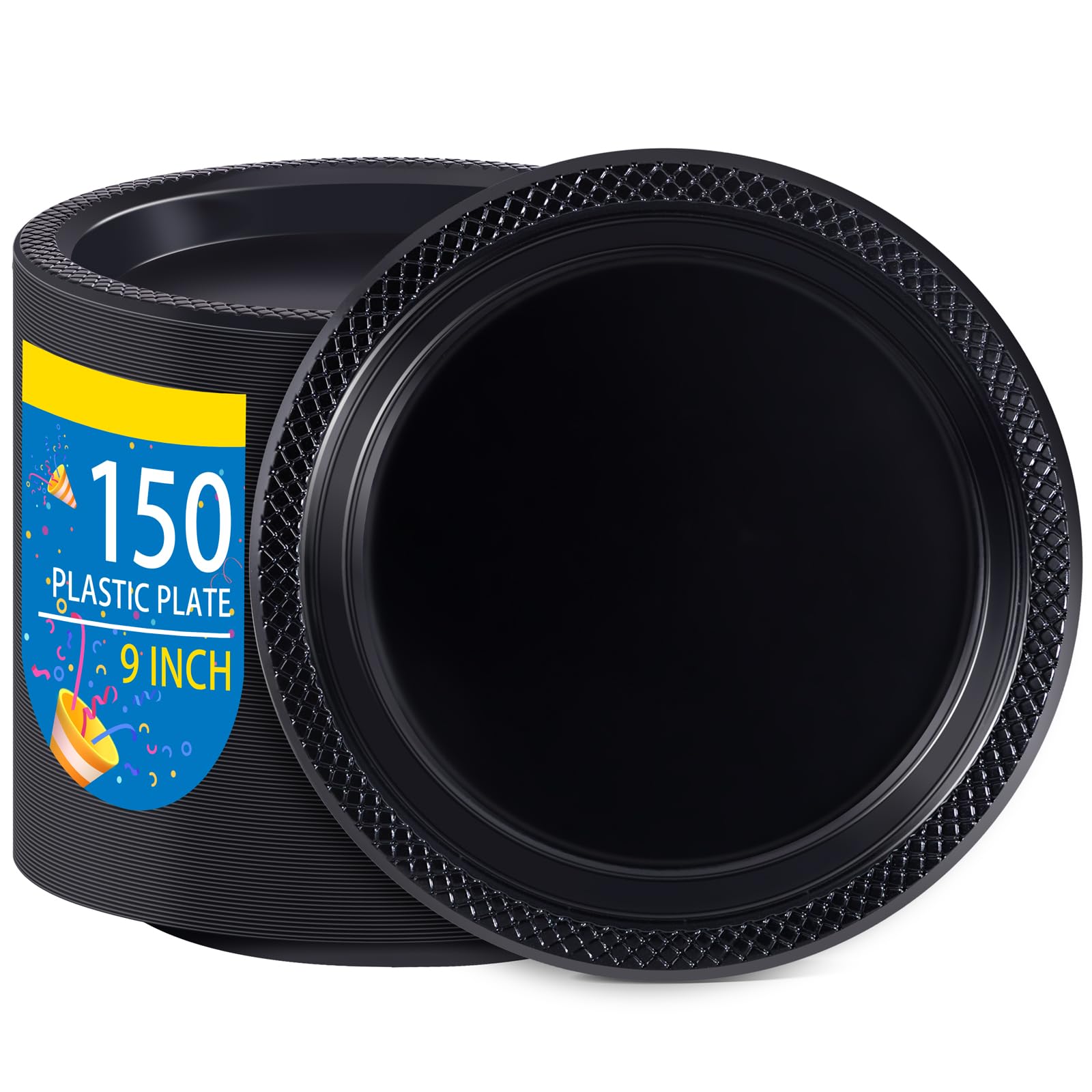 WELLIFE 9 Inch Black Plastic Plates - 150 Count Disposable Dinner Plates for Party, Easter, Picnic, BBQ | Durable & Elegant Tableware for Birthday Celebrations, Outdoor Gatherings & Family Events
