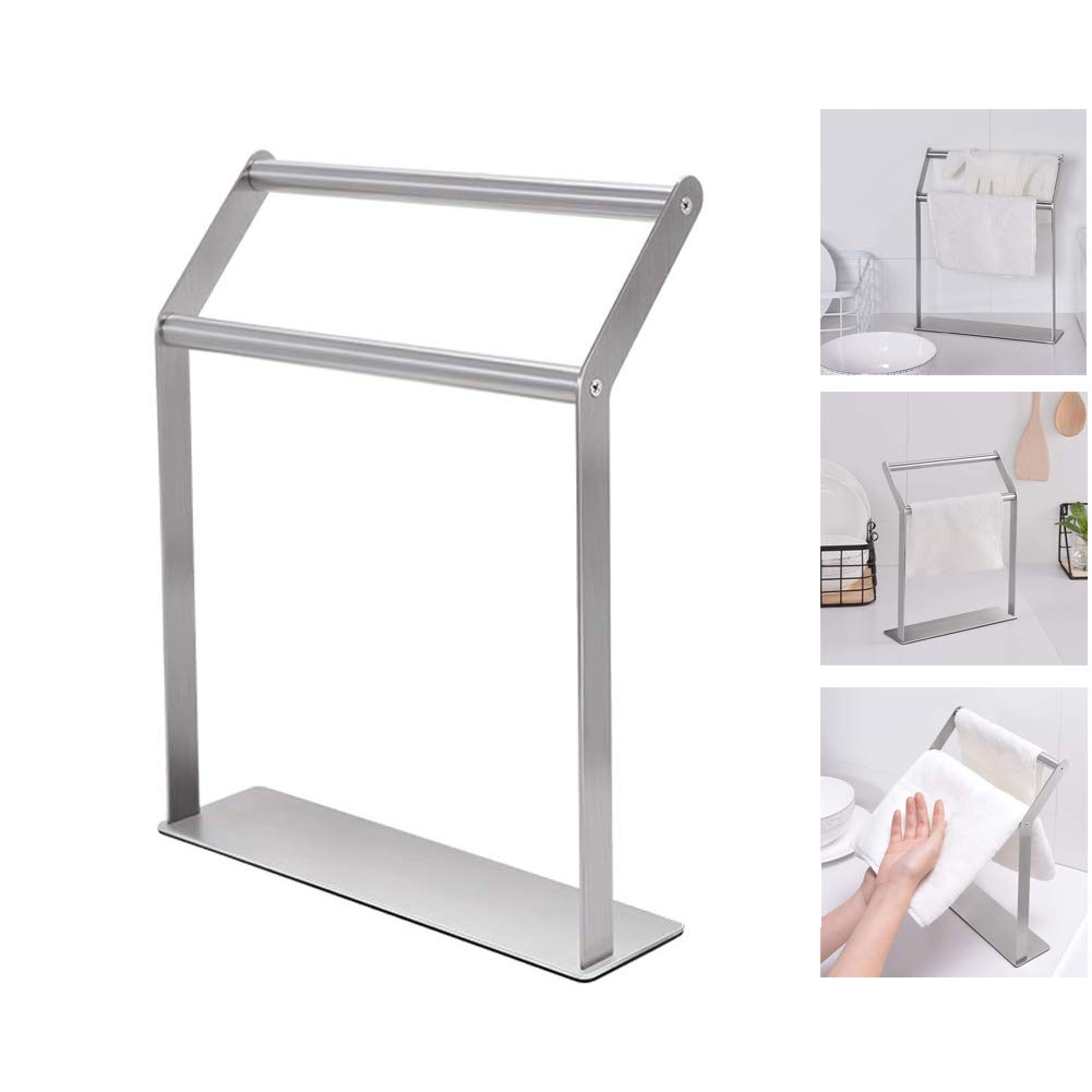 Stainless Steel Freestanding Towel Holder - 2-Bar Countertop Dishcloth Drying Rack for Kitchen & Bathroom | Perfect for Organizing Hand Towels, Washcloths & Sponges | Compact Space-Saving Design for Small Kitchens, Vanities & Laundry Rooms